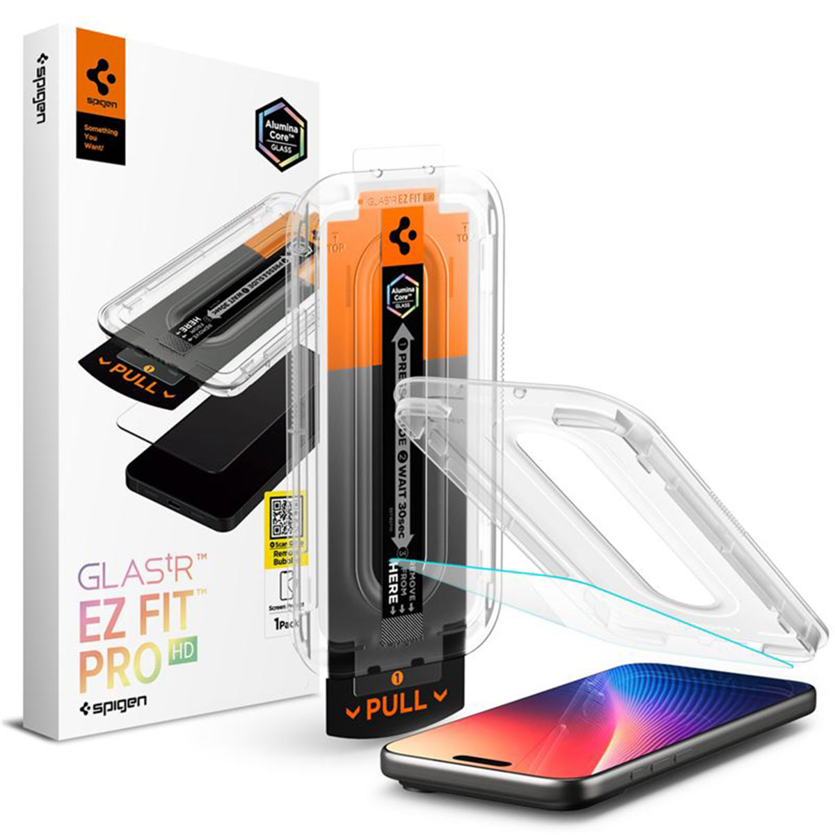 Spigen schermbeschermer verpakking met een telefoon en een transparante hoes. Instructies op de verpakking zijn zichtbaar. De achtergrond is wit.