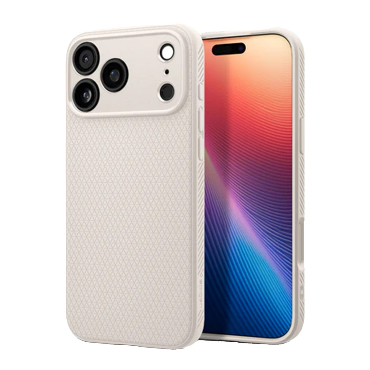 Coque de téléphone beige avec téléphone à l'intérieur. L'écran affiche un dégradé de couleurs. La coque a des lentilles de caméra.