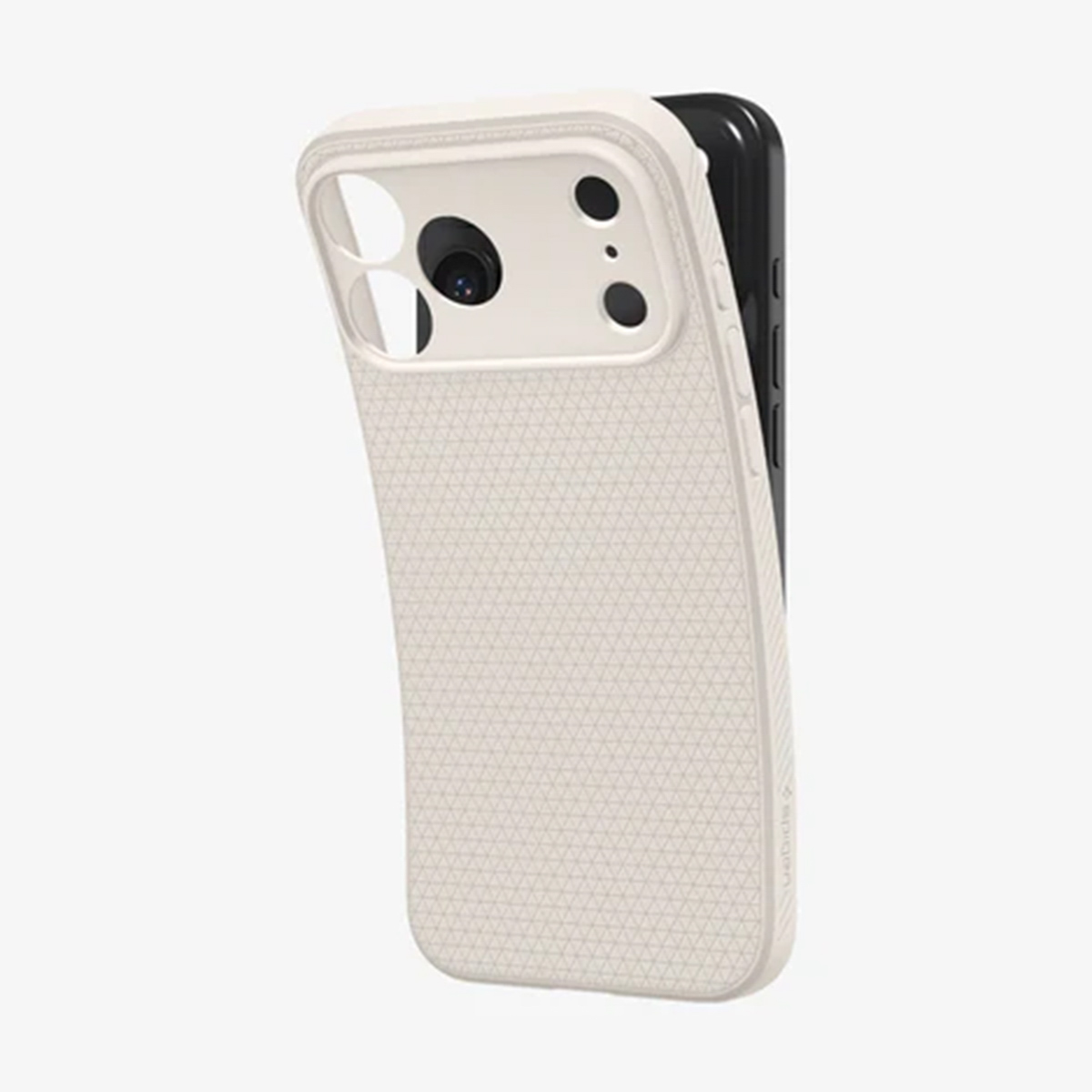 Un smartphone dans un étui beige clair. L'étui a une surface texturée et des ouvertures pour les objectifs de l'appareil photo. Le téléphone est noir.