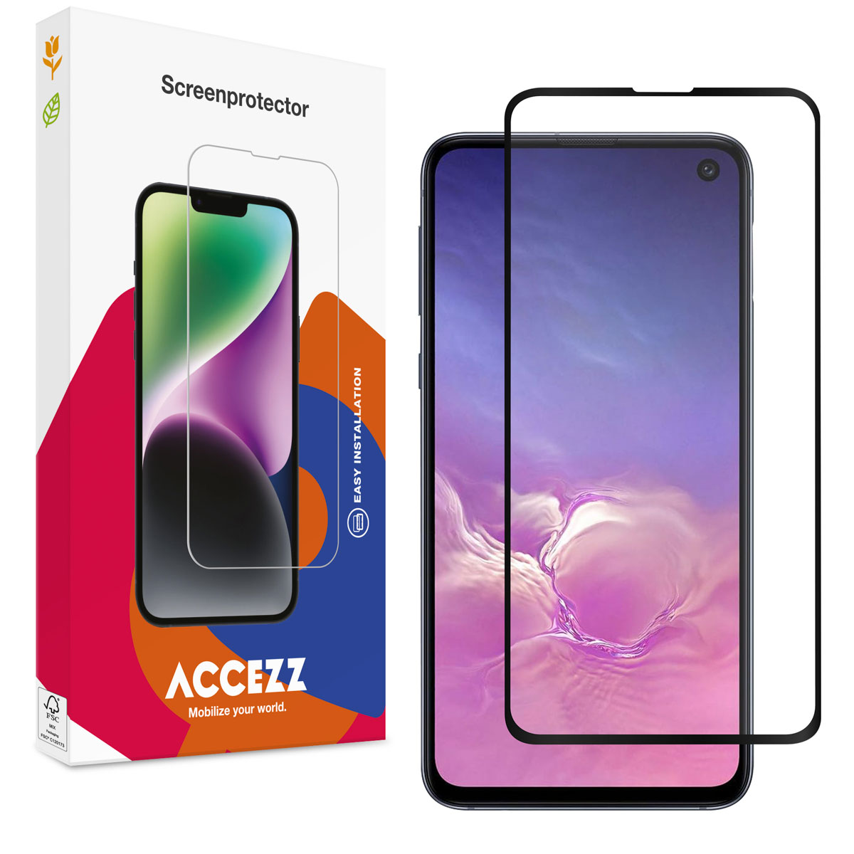 Un téléphone et un protecteur d'écran sont à côté de la boîte. La boîte affiche une image du téléphone et le nom de la marque. Le protecteur est noir.