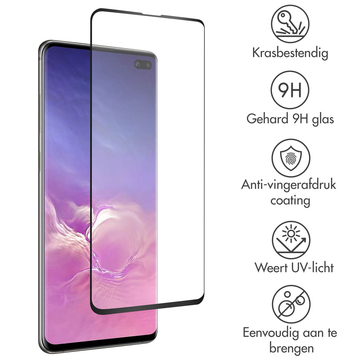 Un telefono con una sovrapposizione di protezione dello schermo, con icone che descrivono le caratteristiche: antigraffio, vetro 9H, anti-impronta, protezione UV e facile applicazione.
