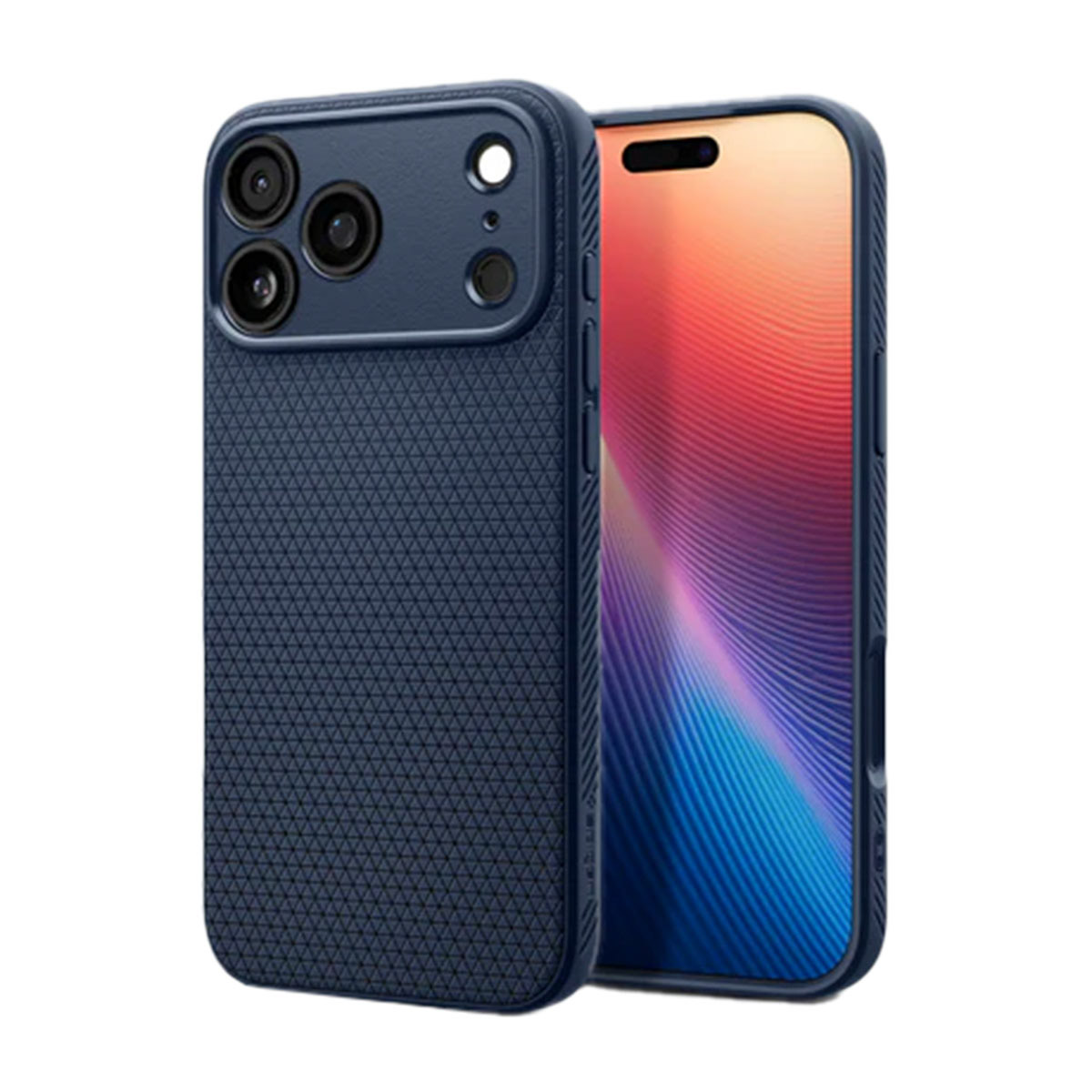 Een blauwe telefoonhoes met een gestructureerde achterkant en camera-uitsparingen, naast een telefoon met een kleurrijk scherm. Hoes en telefoon staan dichtbij.