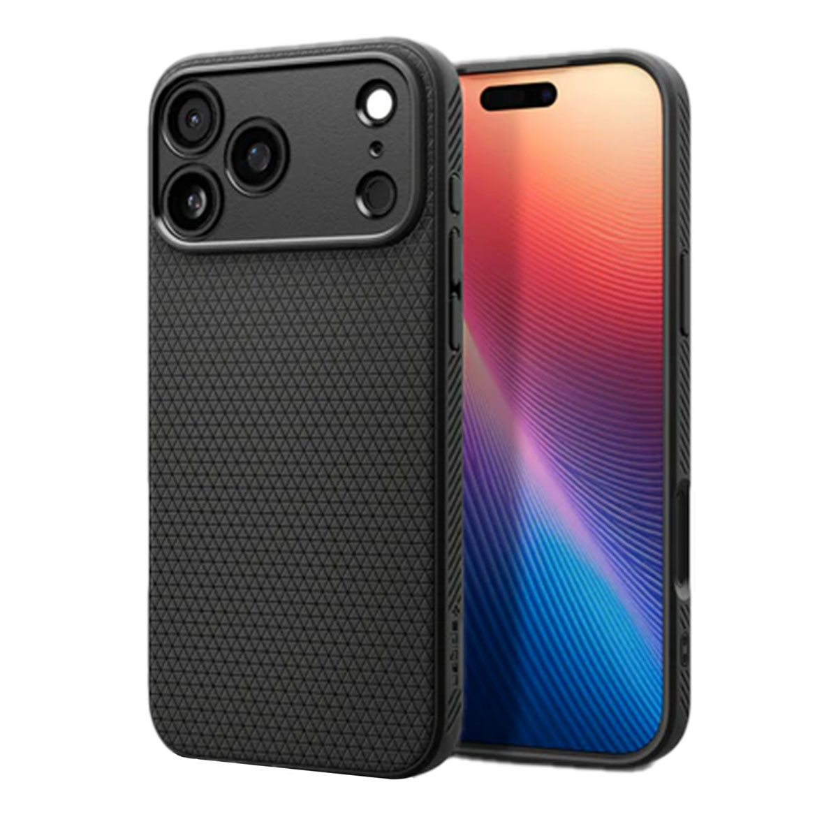 Coque de téléphone noire avec découpes pour appareil photo à côté d'un téléphone affichant un écran coloré. La coque a une surface texturée.