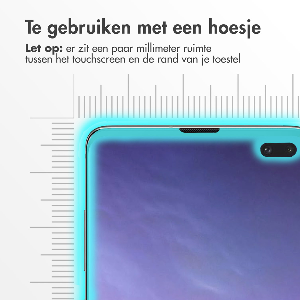 Un telefono con custodia blu. Il testo in alto dice 'Da usare con una custodia'. Grafico righello a sinistra. Lo schermo del telefono è viola.