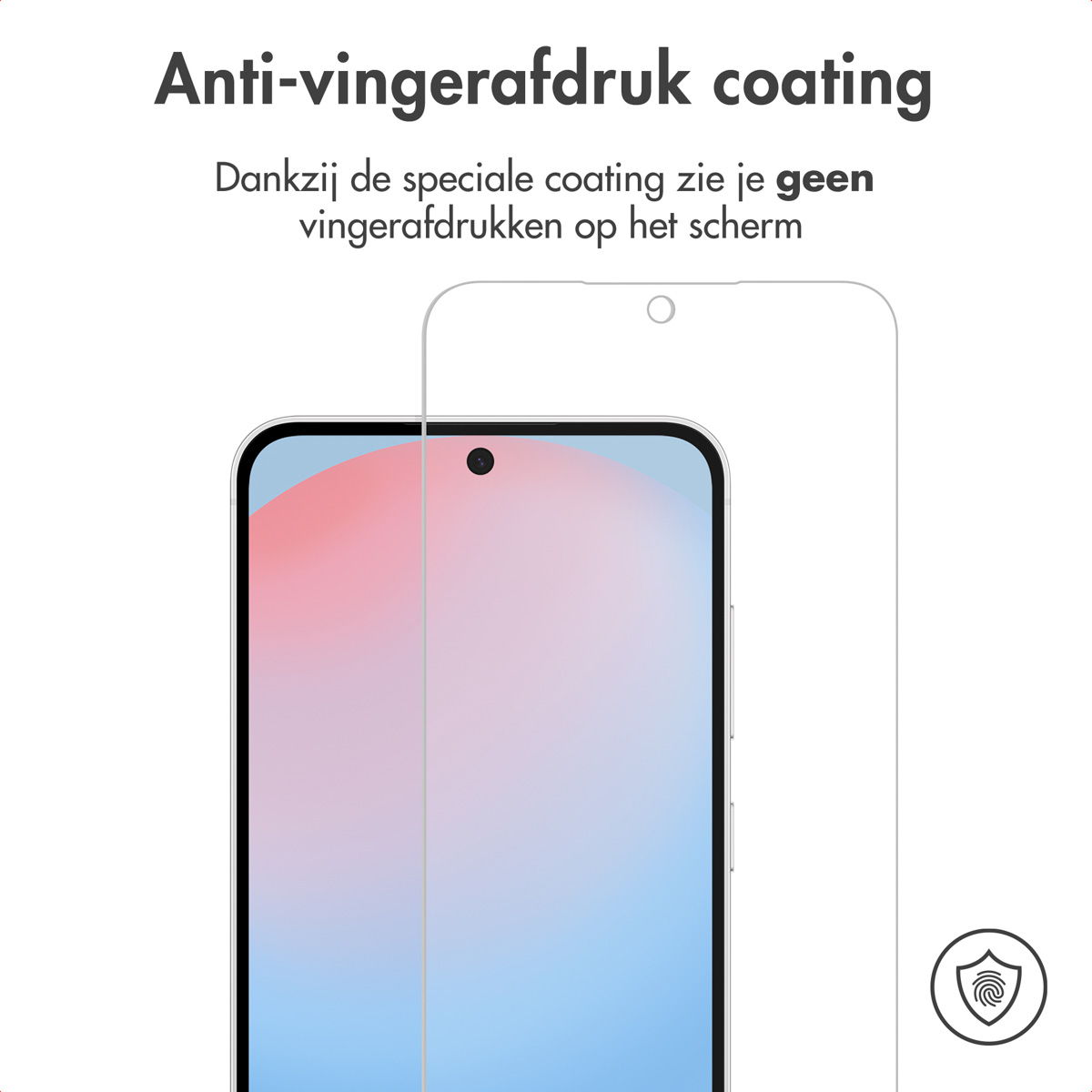 Uno smartphone con protezione schermo. Il testo dice 'Rivestimento anti-impronte'. Lo schermo mostra colori rosa e blu.