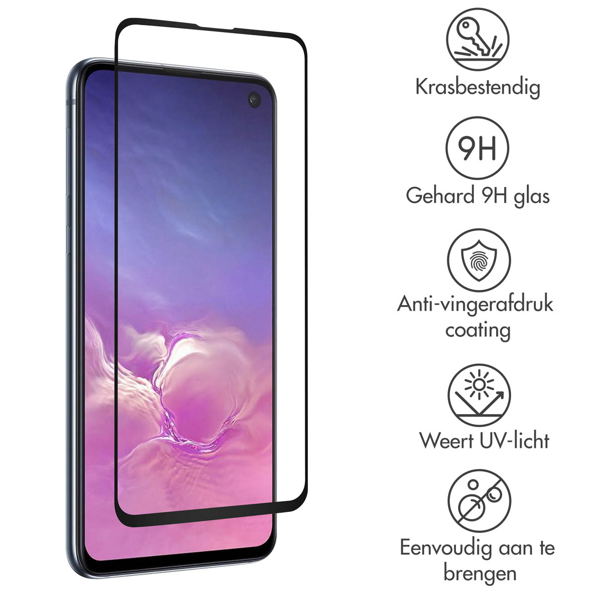 Un smartphone avec protecteur d'écran est affiché. Le texte indique des caractéristiques telles que la résistance aux rayures, verre 9H, revêtement anti-traces et protection UV.