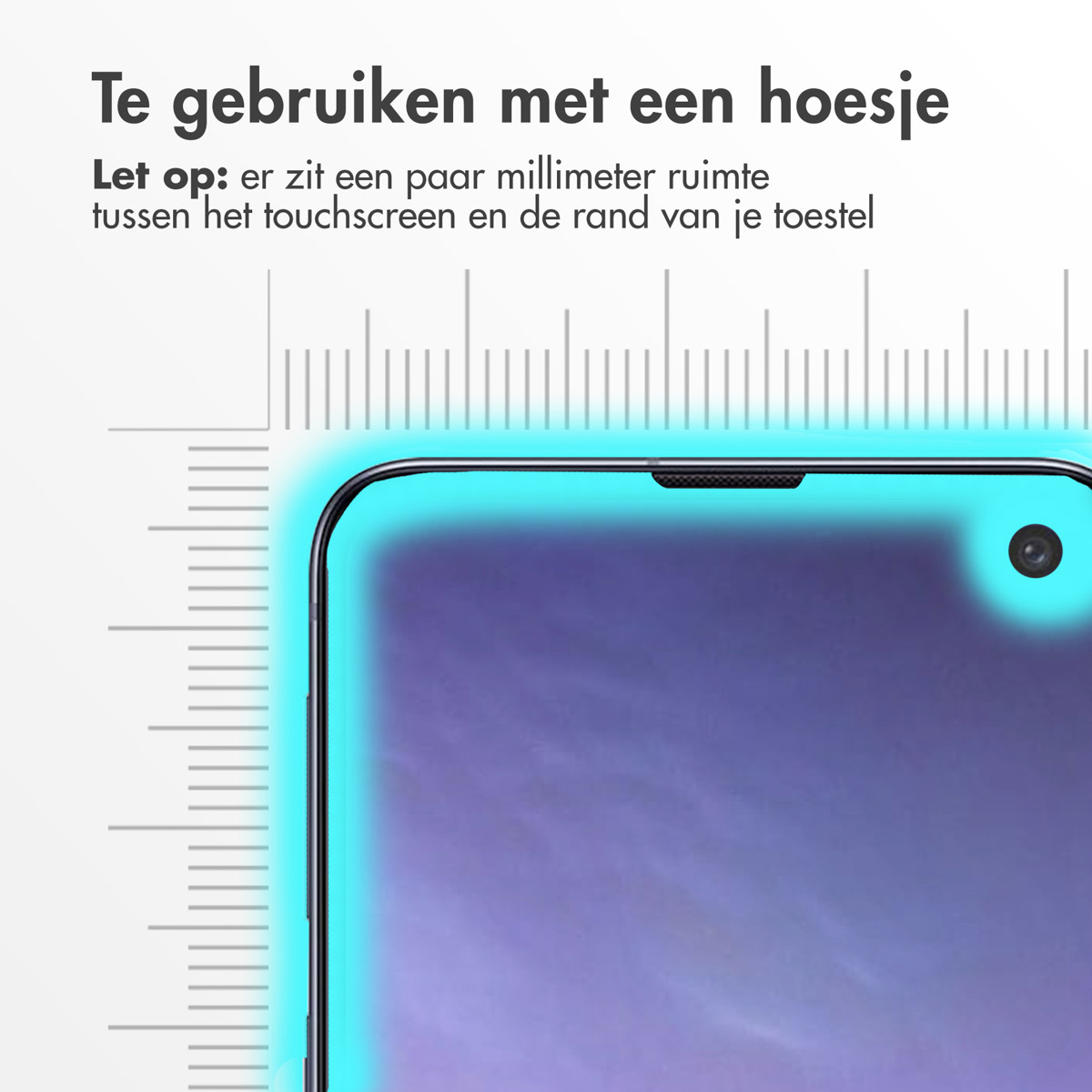 Gros plan sur un écran de smartphone avec une lueur bleue sur les bords et du texte en haut. Une règle est affichée à gauche.