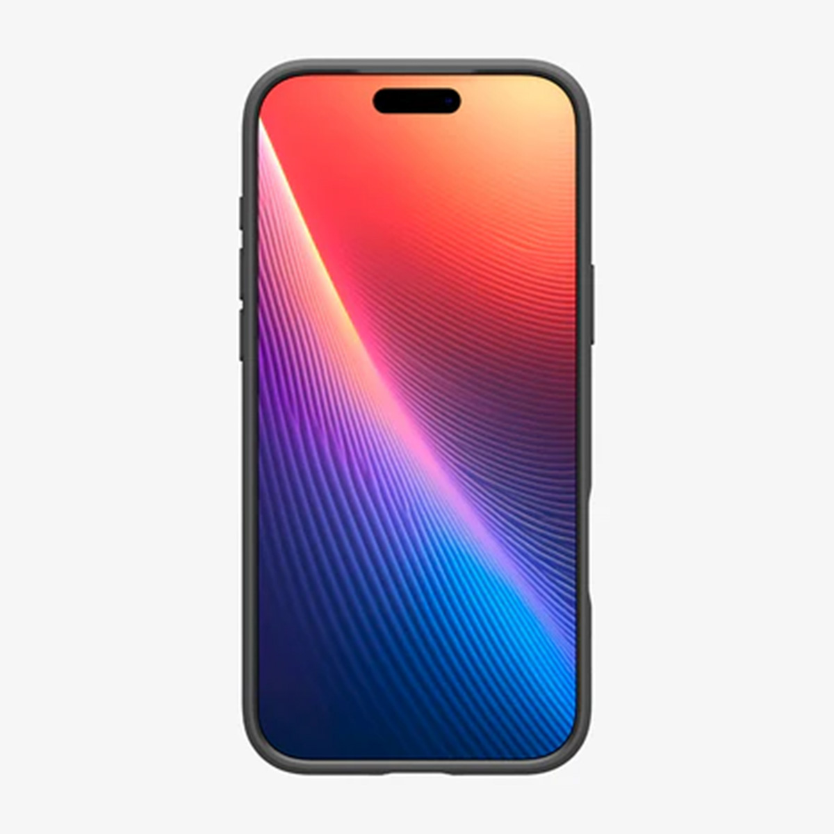 Un smartphone avec un fond d'écran abstrait coloré. L'écran affiche un dégradé de rouge, orange, violet et bleu, avec un bord noir.