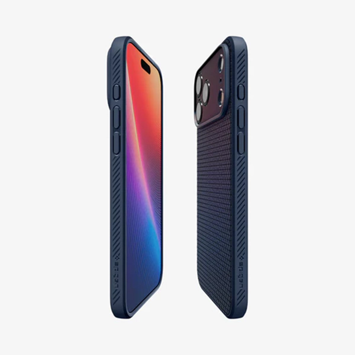 Twee donkerblauwe iPhone 14 Pro's in hoesjes, zijaanzicht. Eén toont een scherm met verloop, de ander heeft camera.