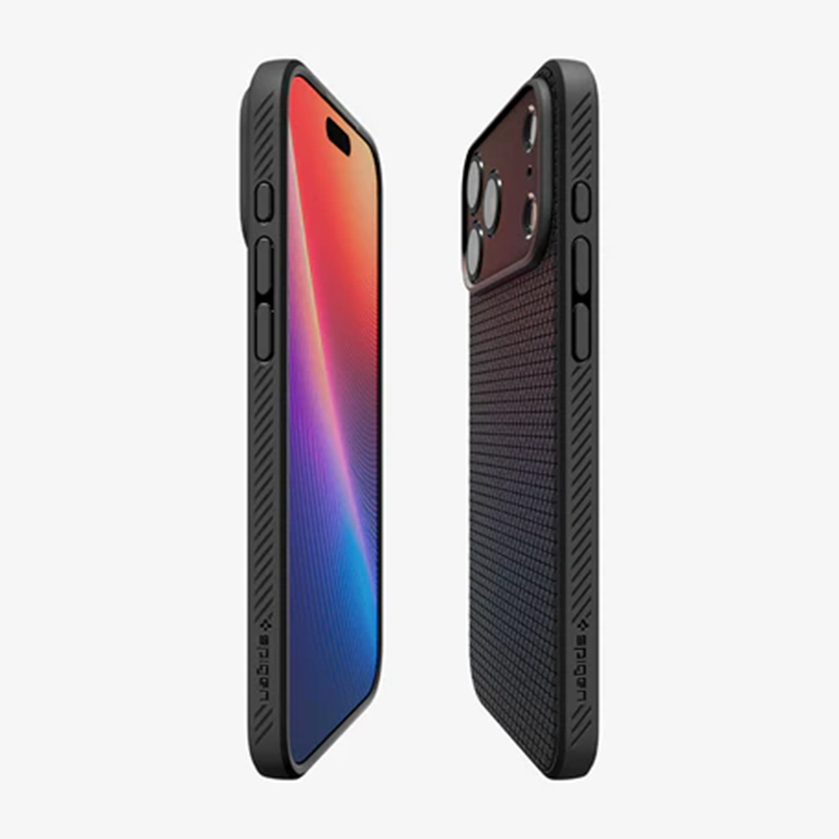 Deux coques noires pour iPhone, l'une montrant l'écran avec un fond d'écran coloré, et l'autre le dos avec des lentilles de caméra.