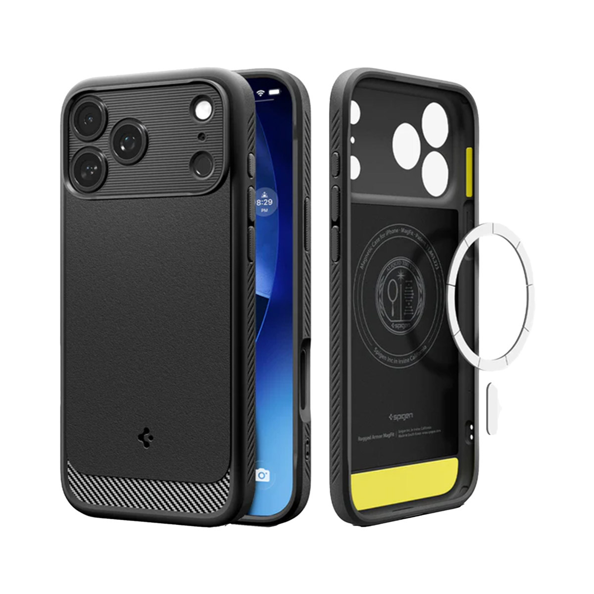 Coque de téléphone noire avec un téléphone à l'intérieur. La coque est à côté d'une autre sans téléphone. Fond blanc.