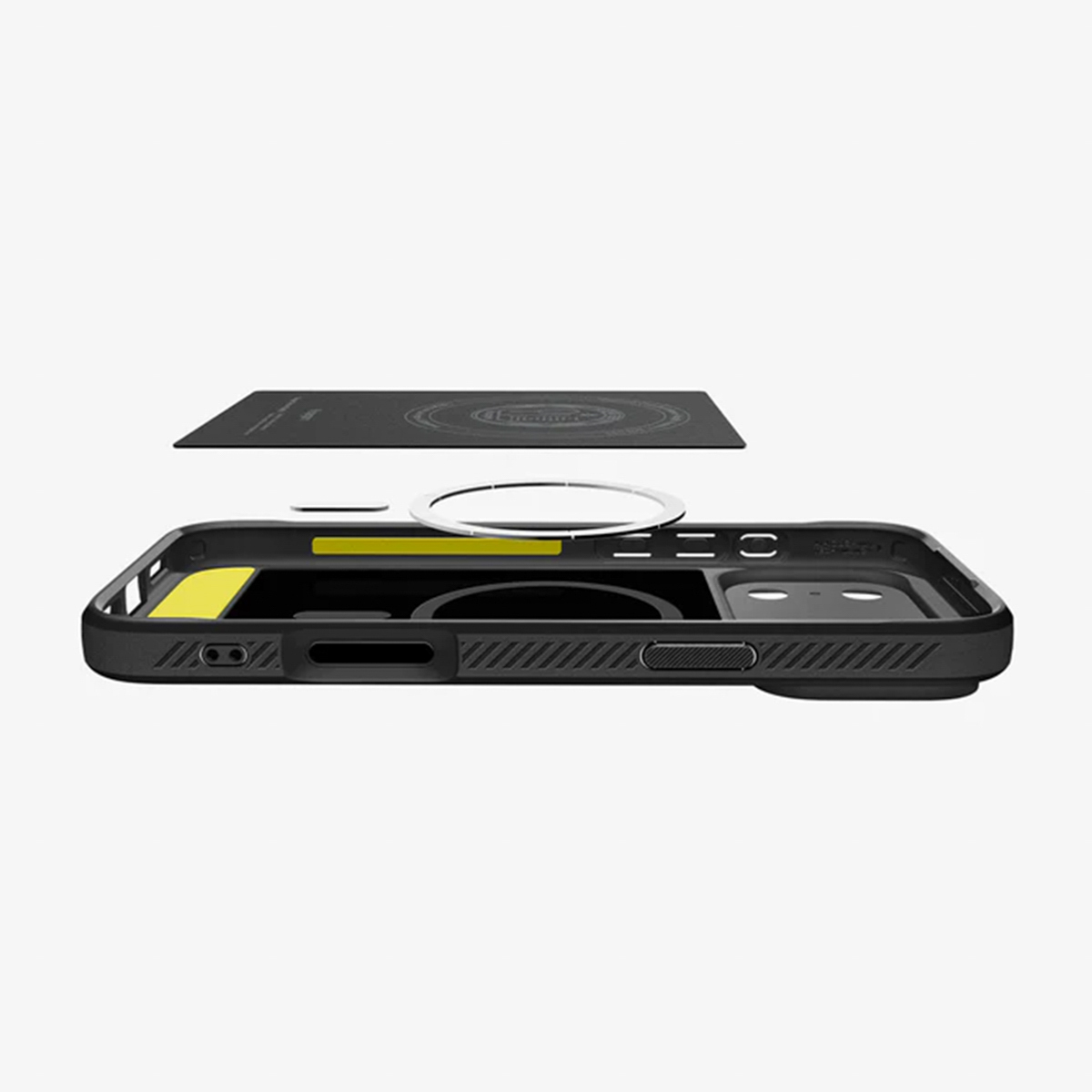 Composants d'étui de téléphone noir : étui, anneau magnétique, socle de chargement. Accent jaune. Fond blanc.