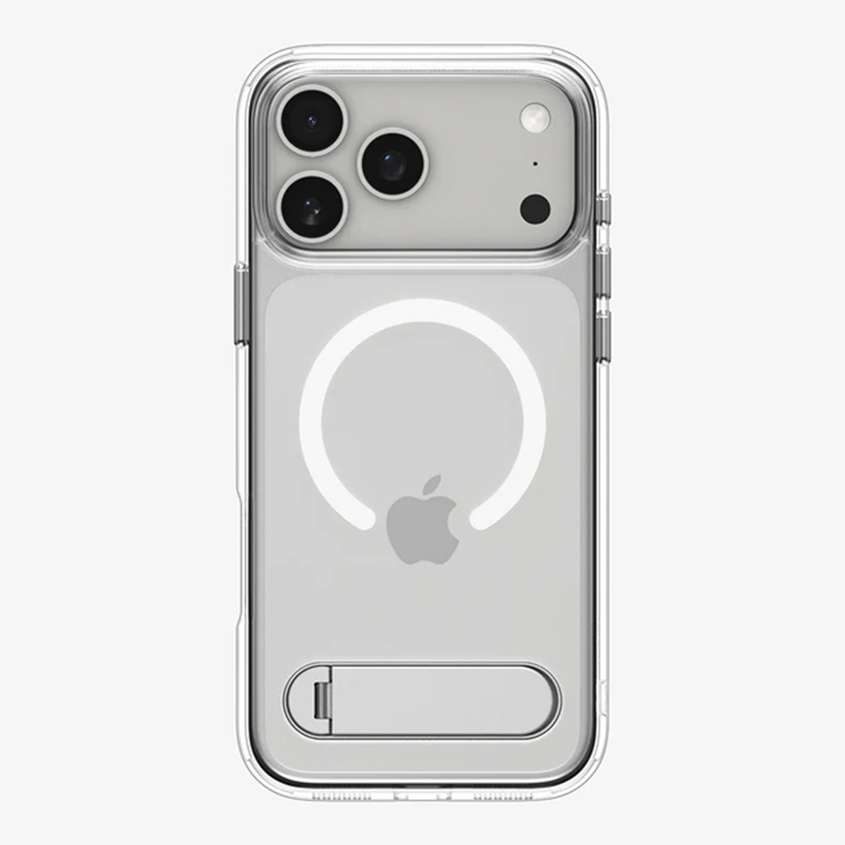 Custodia trasparente per iPhone. Ha un supporto e un anello bianco attorno al logo Apple. Le lenti della fotocamera del telefono sono visibili.