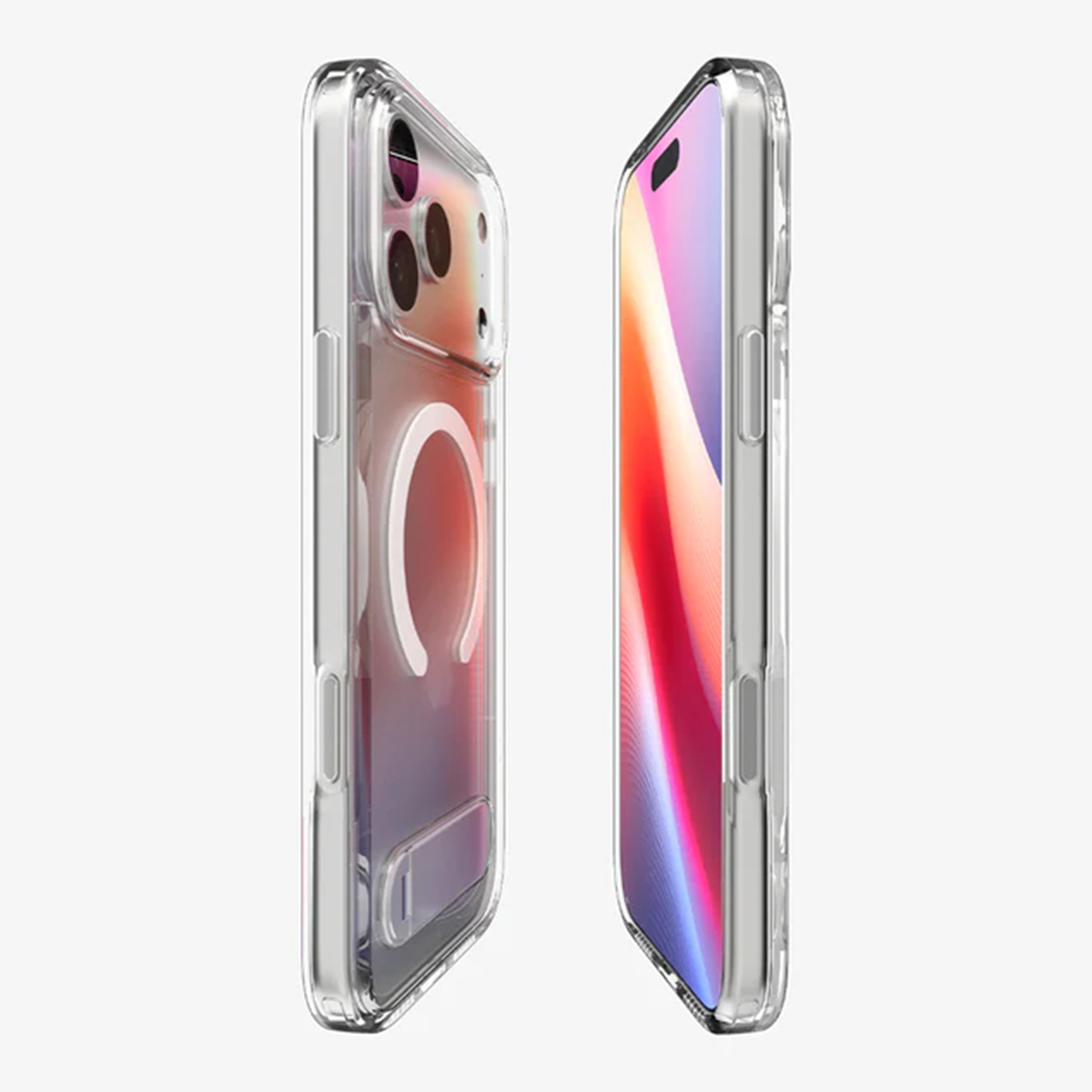 Due custodie trasparenti per telefono con telefoni all'interno, vista laterale. Uno mostra uno schermo colorato, l'altro ha lenti della fotocamera.
