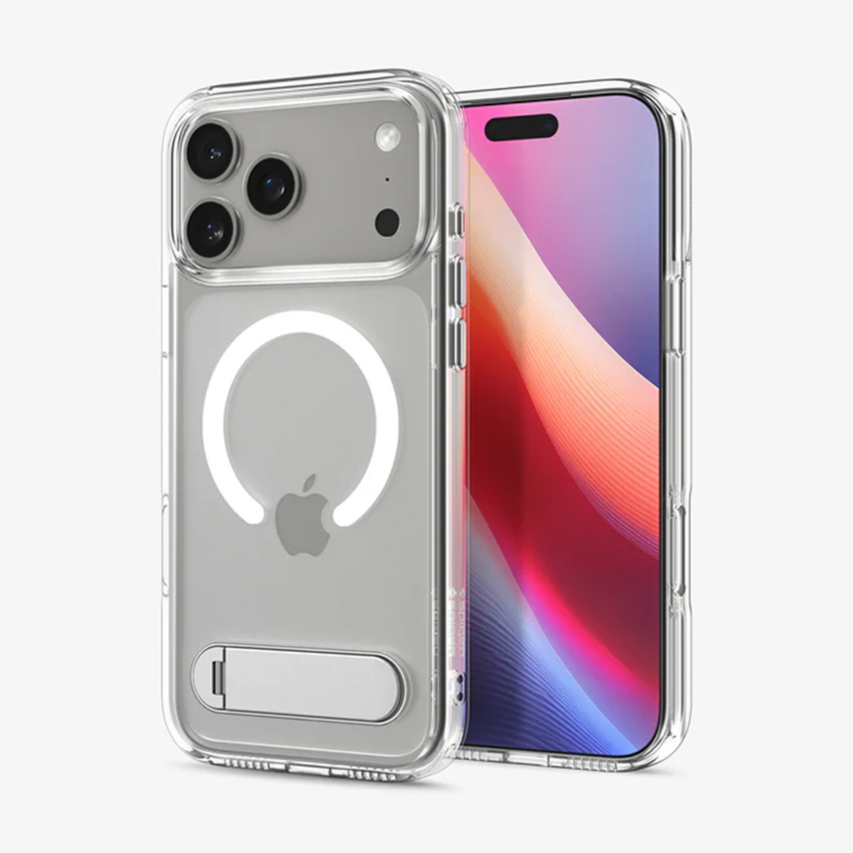 Custodia trasparente per telefono con un iPhone all'interno. Il telefono ha uno schermo colorato. La custodia è dotata di supporto e anello MagSafe.