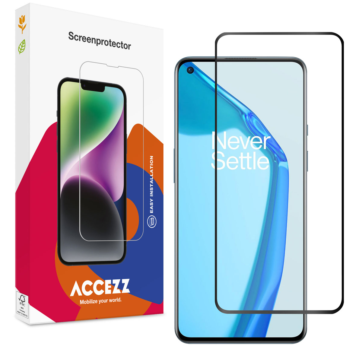 Een telefoon screenprotector kit, met een telefoon en een screenprotector. De doos heeft de merknaam ACCEZZ.