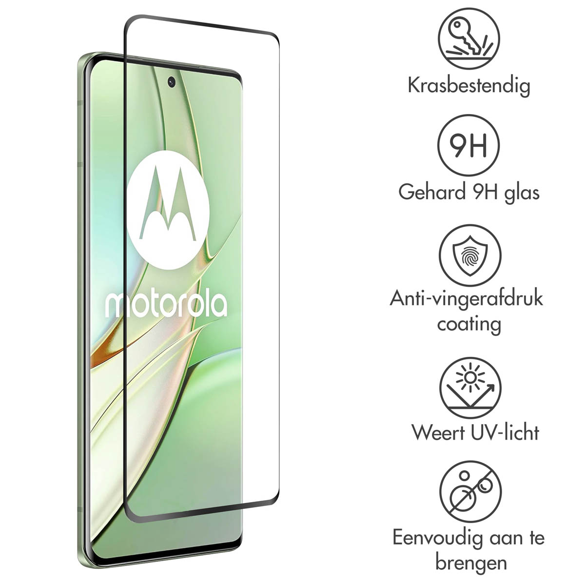 Viene mostrato uno smartphone Motorola con protezione per lo schermo. Il testo descrive caratteristiche come la resistenza ai graffi, il vetro 9H e la protezione dai raggi UV.