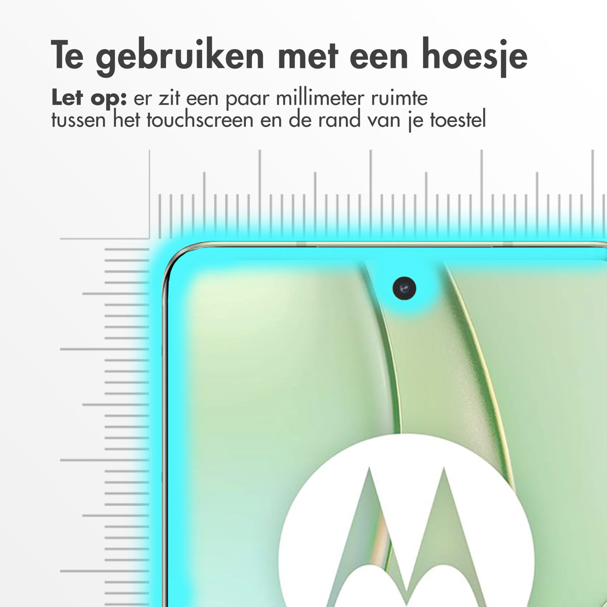 Uno schermo del telefono con un bordo azzurro, una fotocamera e un logo bianco. Il testo in olandese in alto indica l'uso con una custodia.