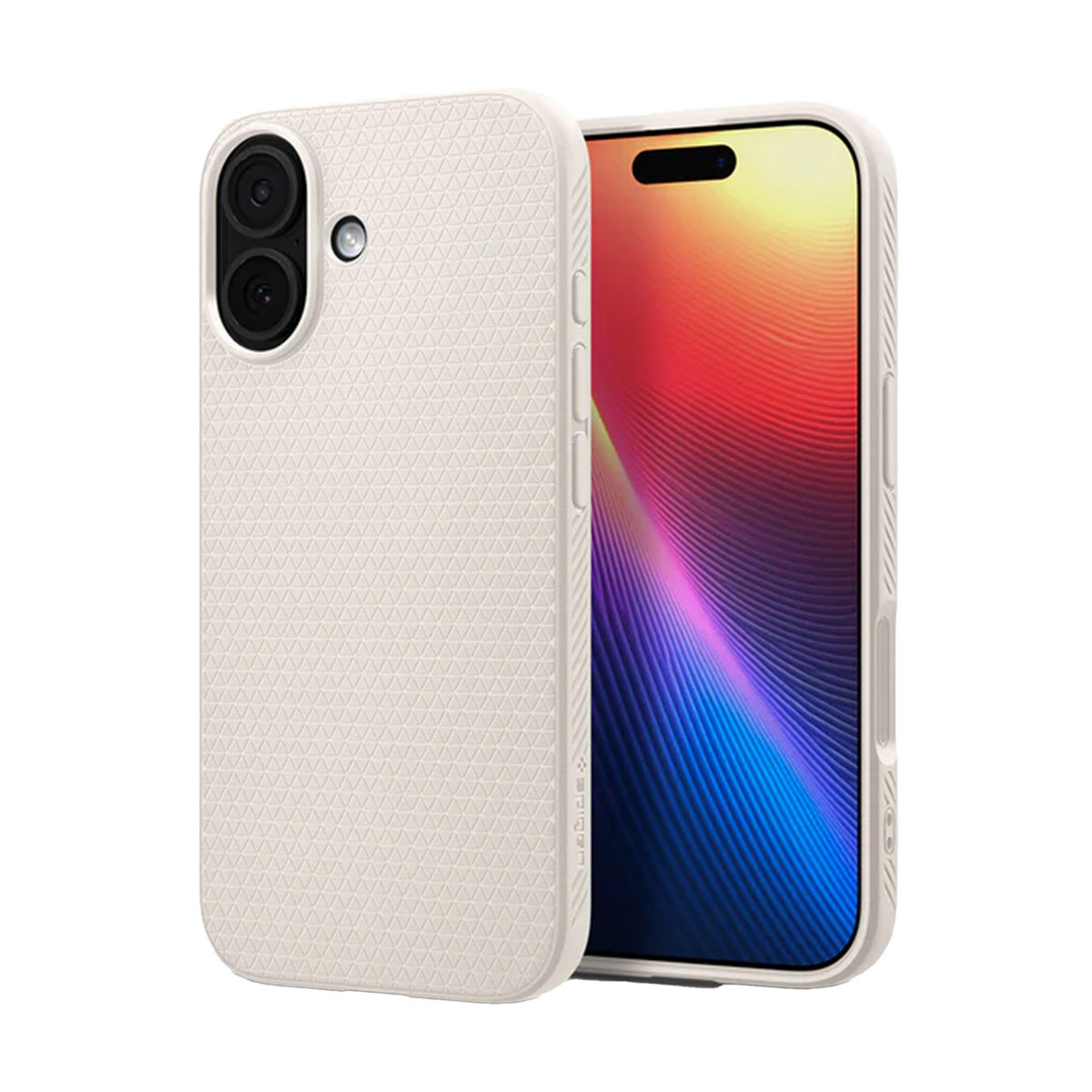Un étui de téléphone beige avec un motif texturé est à côté d'un téléphone affichant un écran coloré. L'étui a des découpes pour l'appareil photo.