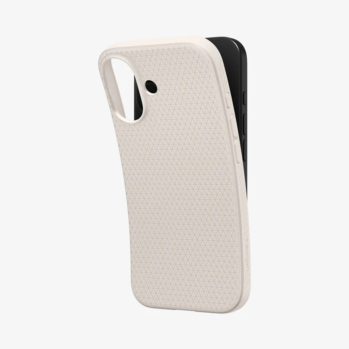 Une coque de téléphone beige avec un motif géométrique est à côté d'un téléphone noir. La coque a une ouverture pour l'appareil photo et des boutons de volume visibles.