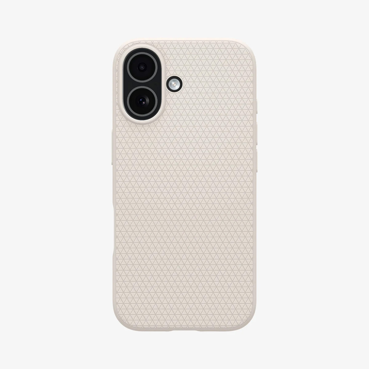 Une coque de téléphone beige à motif géométrique. Elle comporte un appareil photo à double objectif et un flash en haut à gauche, sur fond blanc.