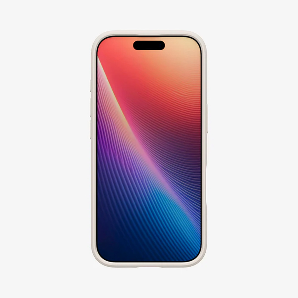 Un smartphone avec un design coloré en forme de vague sur l'écran. Le téléphone est dans un étui de couleur claire sur fond blanc.