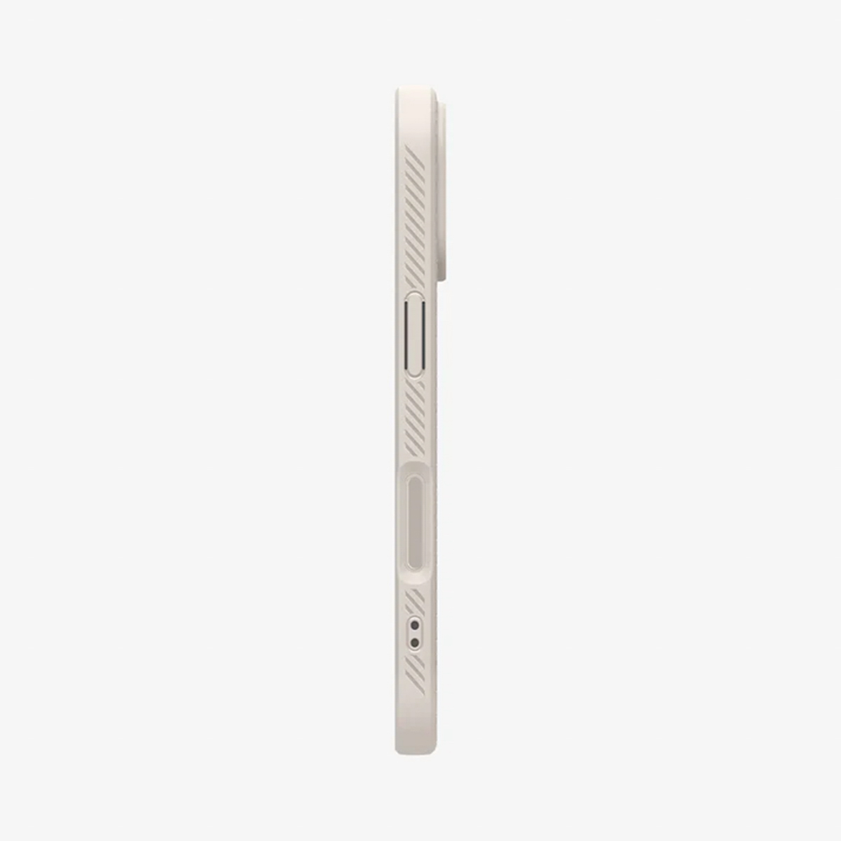 Vue latérale d'une coque de téléphone beige clair. Elle comporte un bouton de volume, un bouton d'alimentation et un haut-parleur.