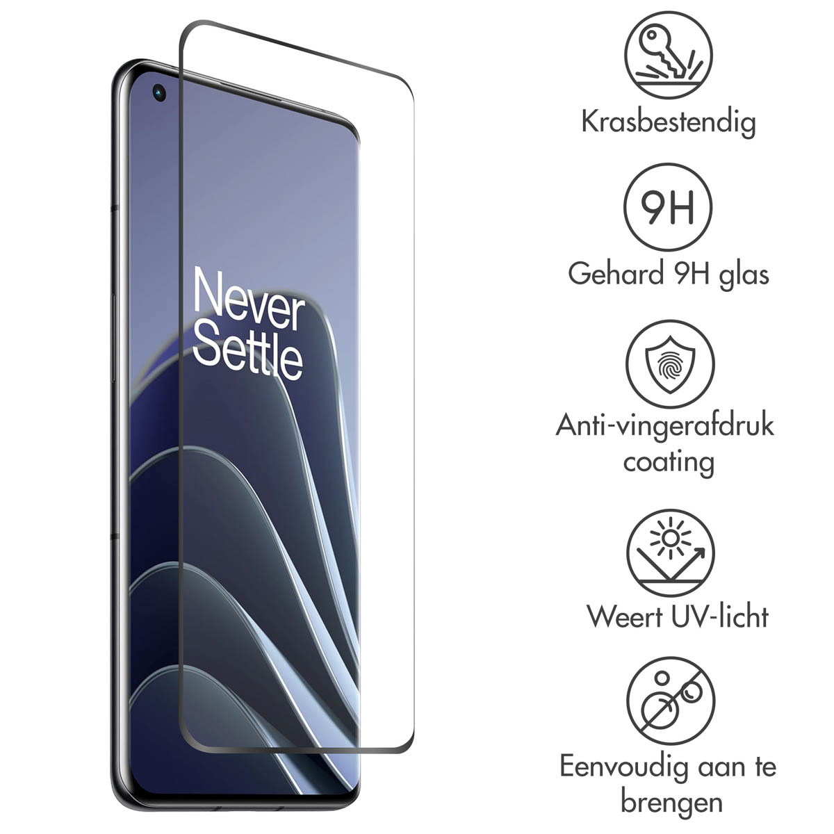 A smartphone with a screen protector. Text on screen: Never Settle. Icons: scratch resistant, 9H glass, anti-fingerprint, UV light, easy to apply.
