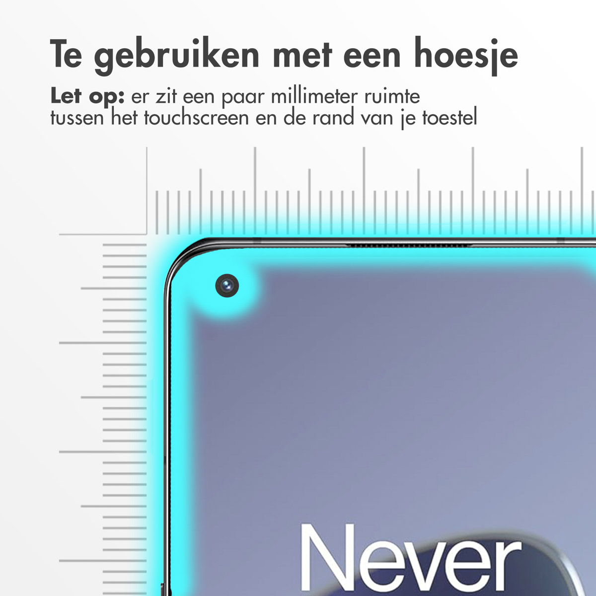 A phone screen with a protective cover. Text indicates space between screen and edge. A ruler-like design is at the top.