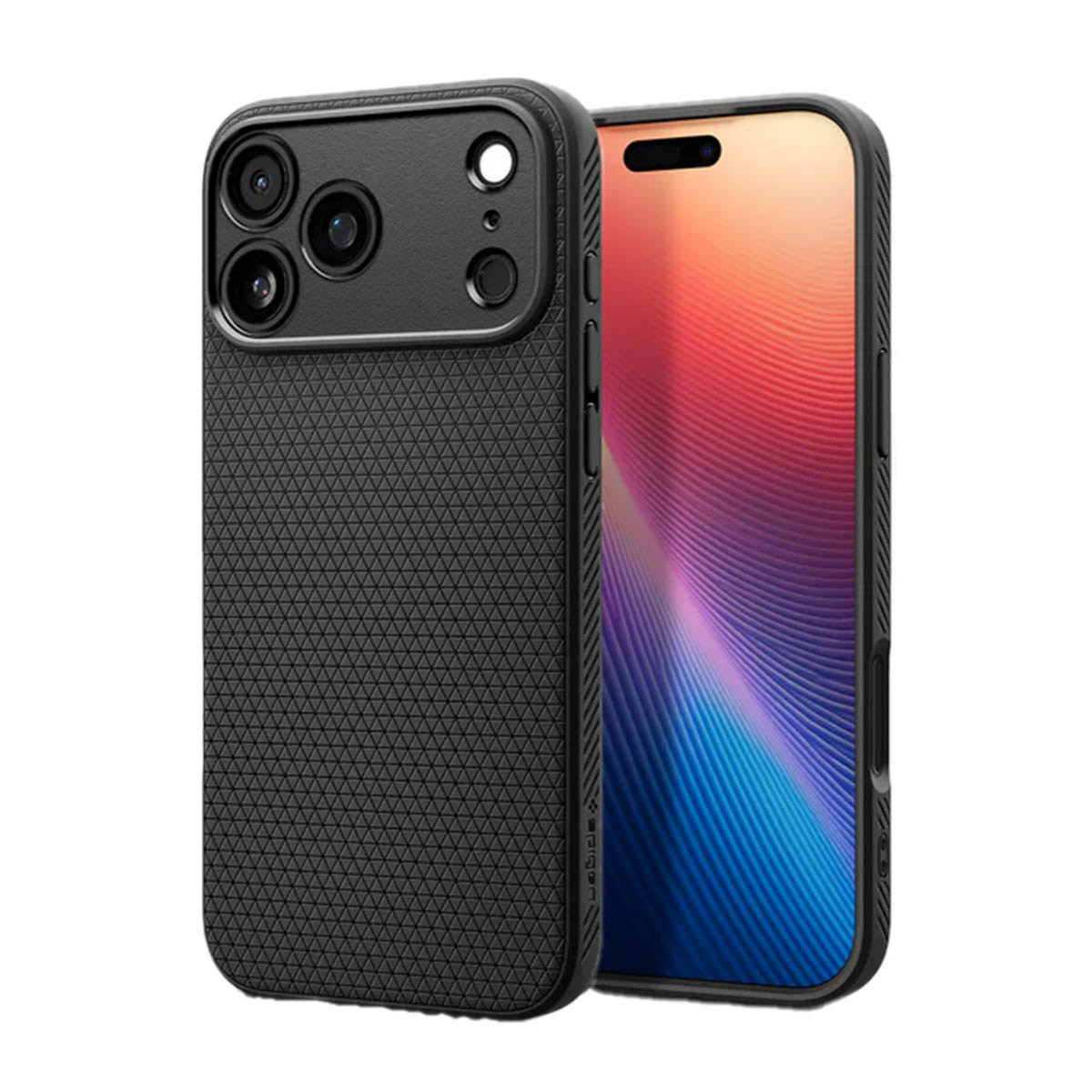 Een zwarte telefoonhoes met een getextureerde achterkant en camera-uitsparing, naast een telefoon met een kleurrijk scherm.