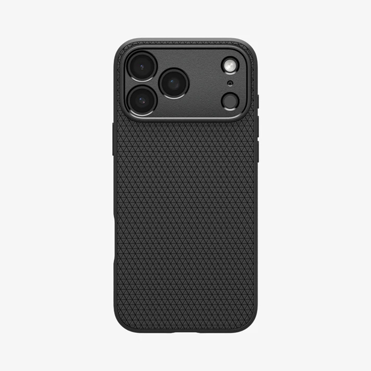 Een zwarte telefoonhoes met een getextureerd oppervlak en cameramodule wordt weergegeven op een witte achtergrond. De hoes heeft een geometrisch patroon.