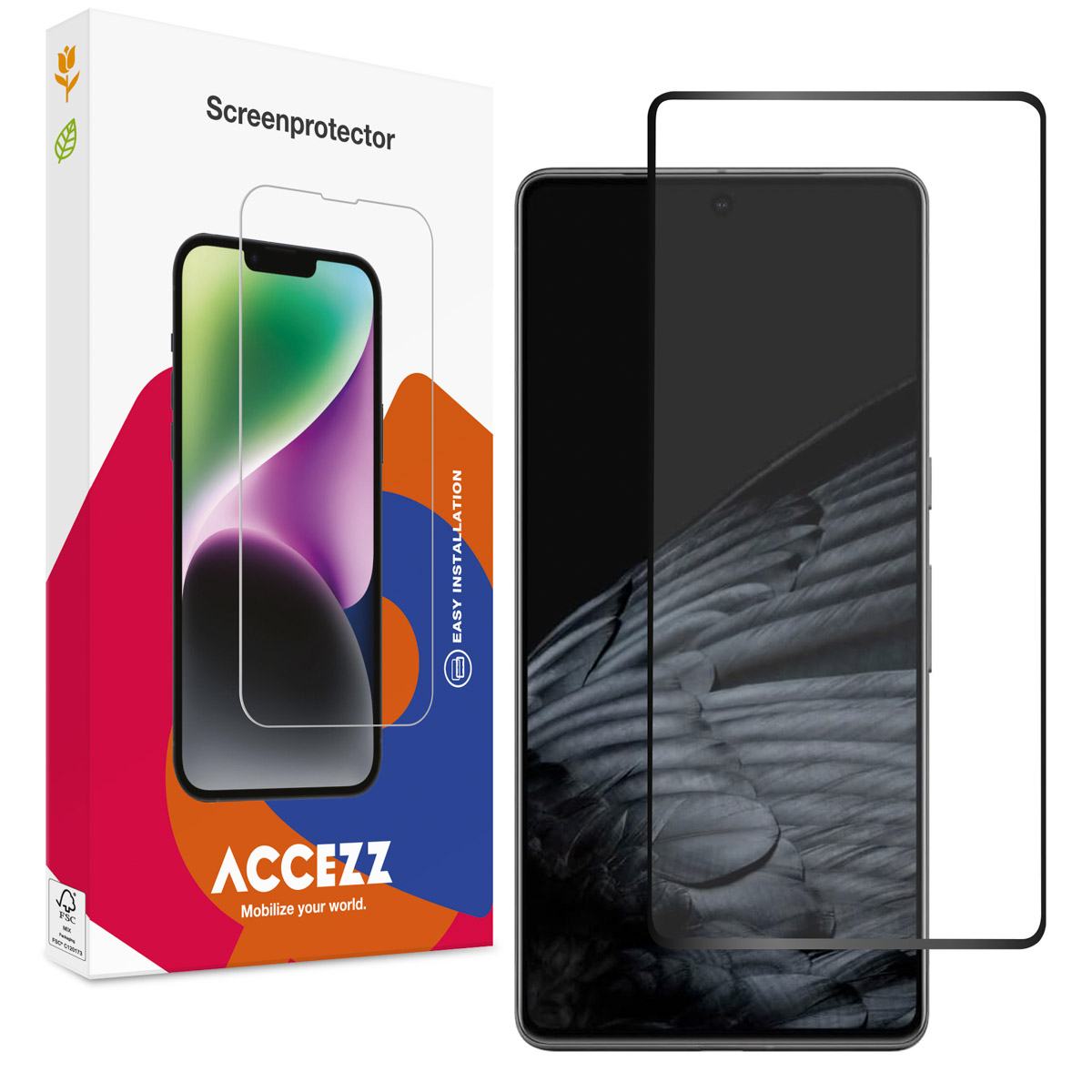 Een telefoonscherm met een schermbeschermer en een doos. De doos heeft de telefoonafbeelding en de schermbeschermer.