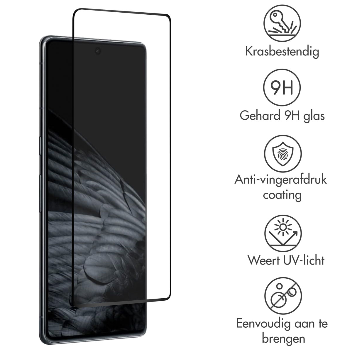 Een smartphone met een schermbeschermer. Kenmerken zijn krasbestendigheid, 9H glas, anti-vingerafdruk coating, UV-bescherming en eenvoudige applicatie.