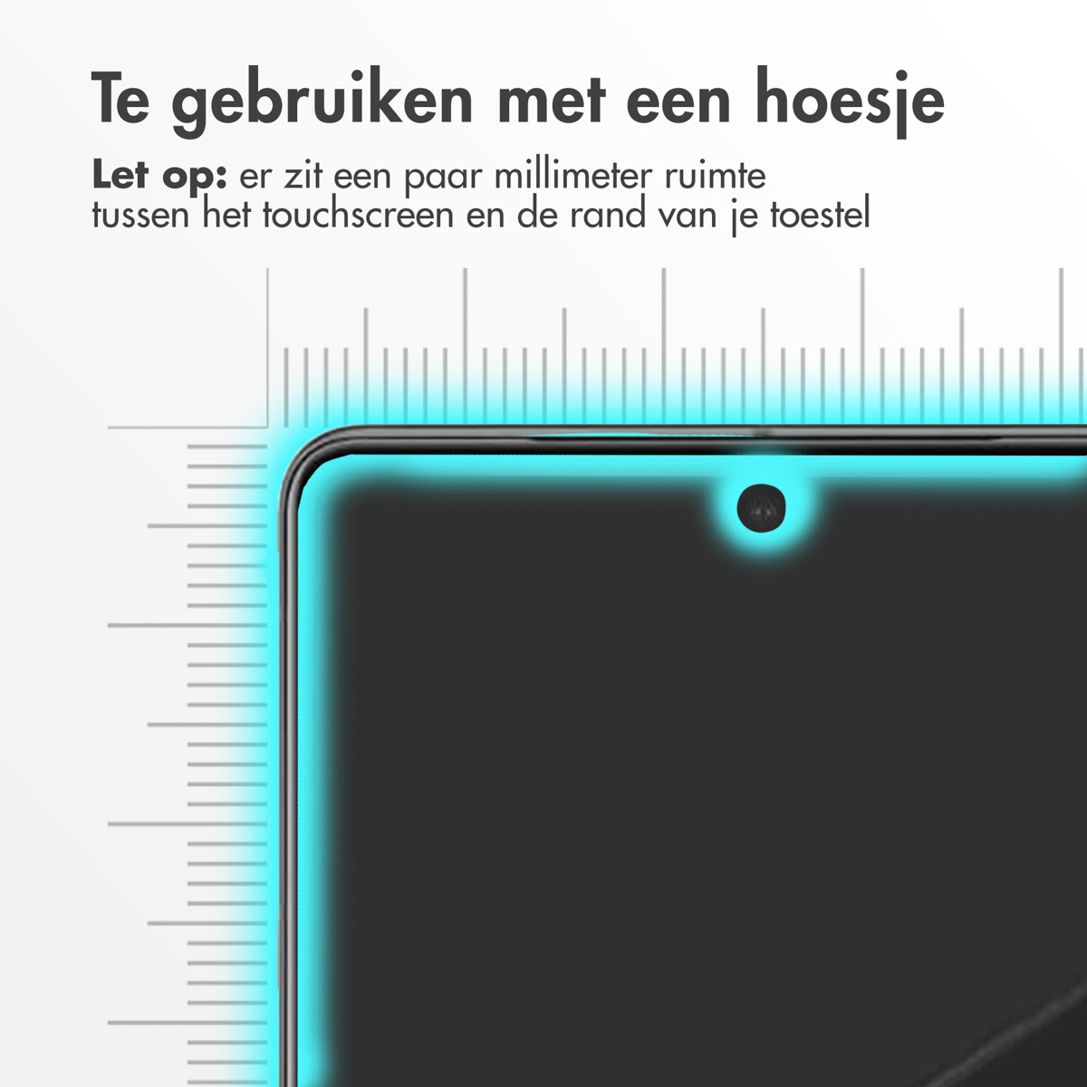 Een telefoonscherm met een beschermfolie. De tekst luidt: Te gebruiken met een hoesje. Er is ruimte tussen het scherm en de randen.