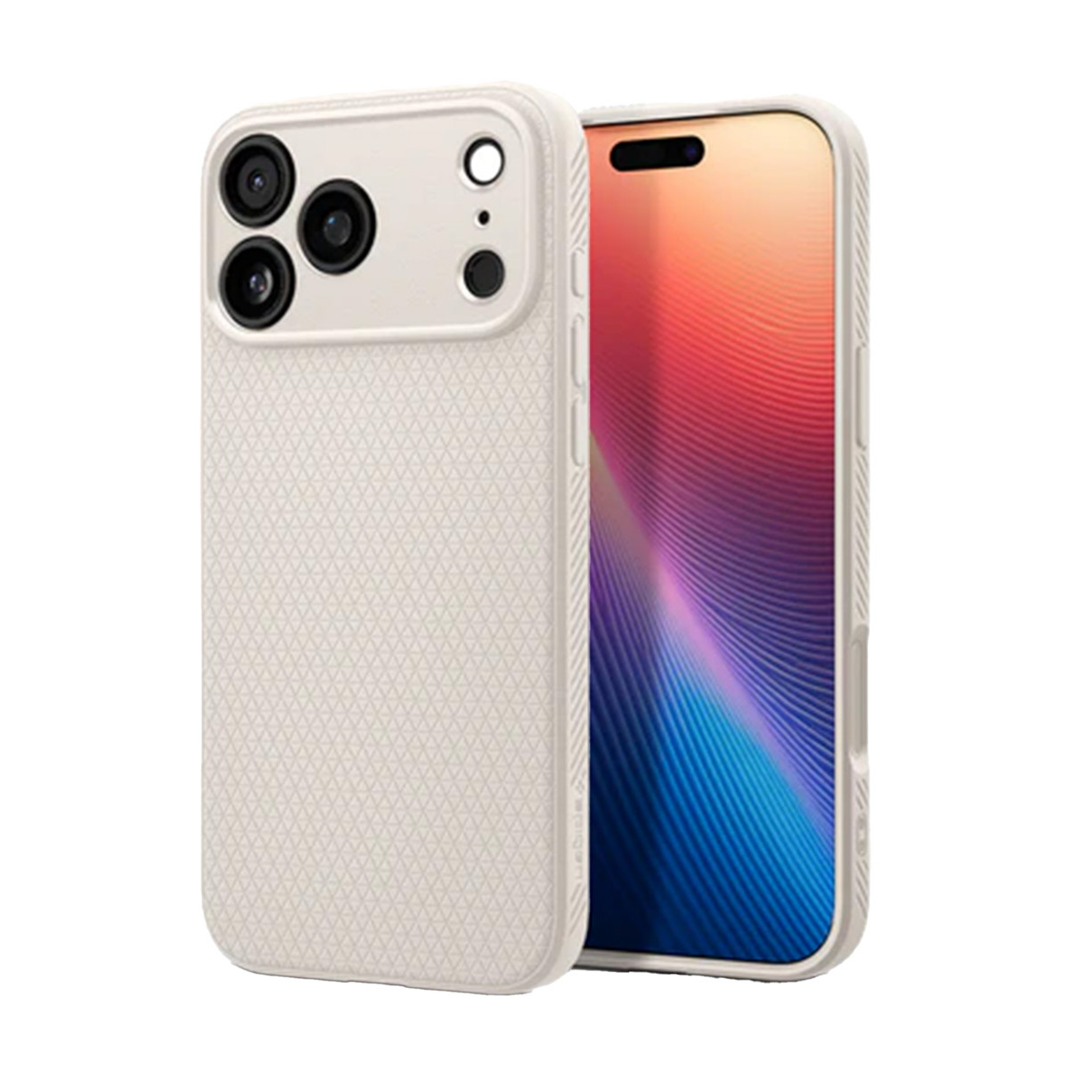 Een crèmekleurige telefoonhoes en een telefoon met een kleurrijk scherm. De hoes heeft uitsparingen voor de camera. Het scherm toont een verloop.