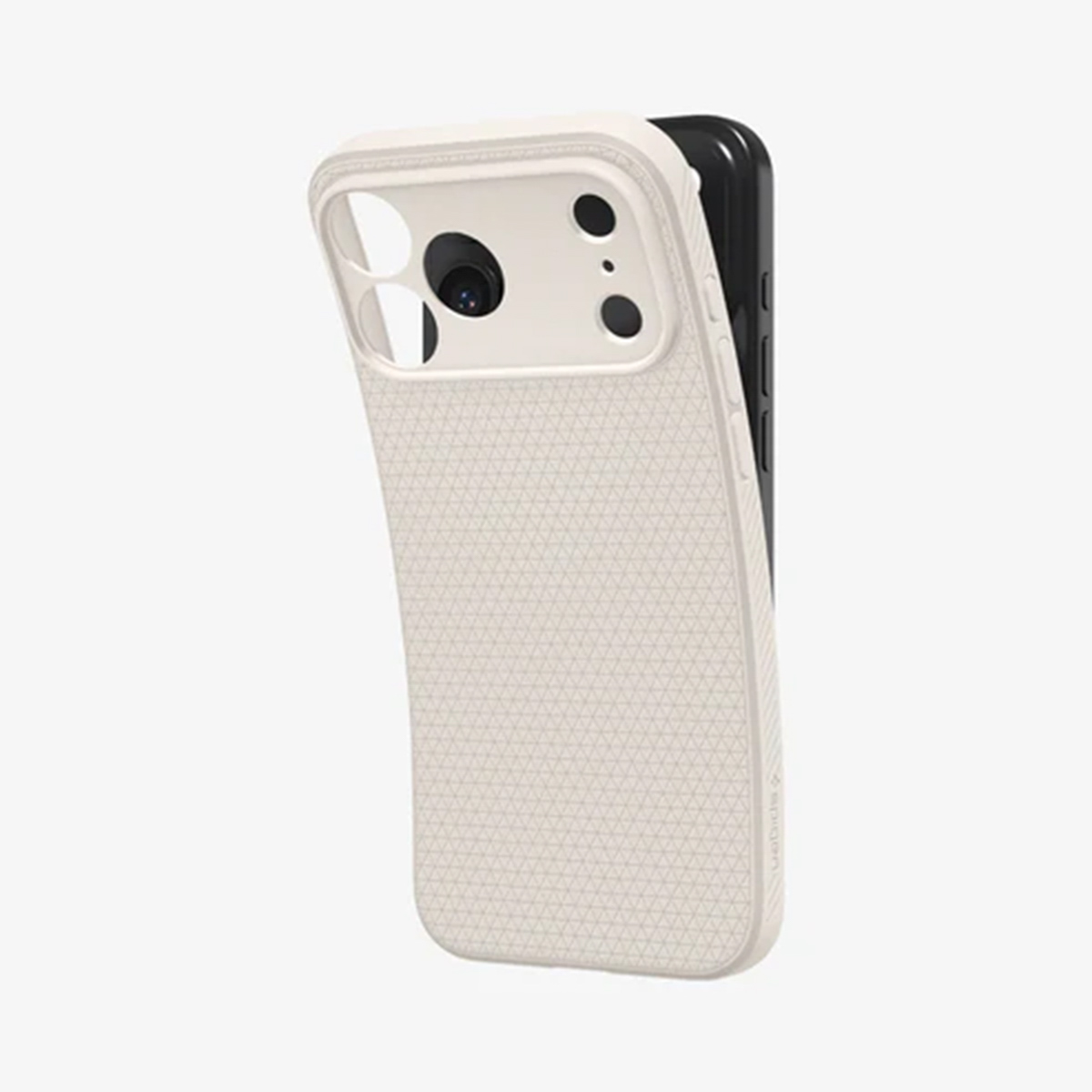 Een witte telefoonhoes met een getextureerd oppervlak is bevestigd aan een zwarte telefoon. De hoes heeft camera-uitsparingen en een rasterpatroon.
