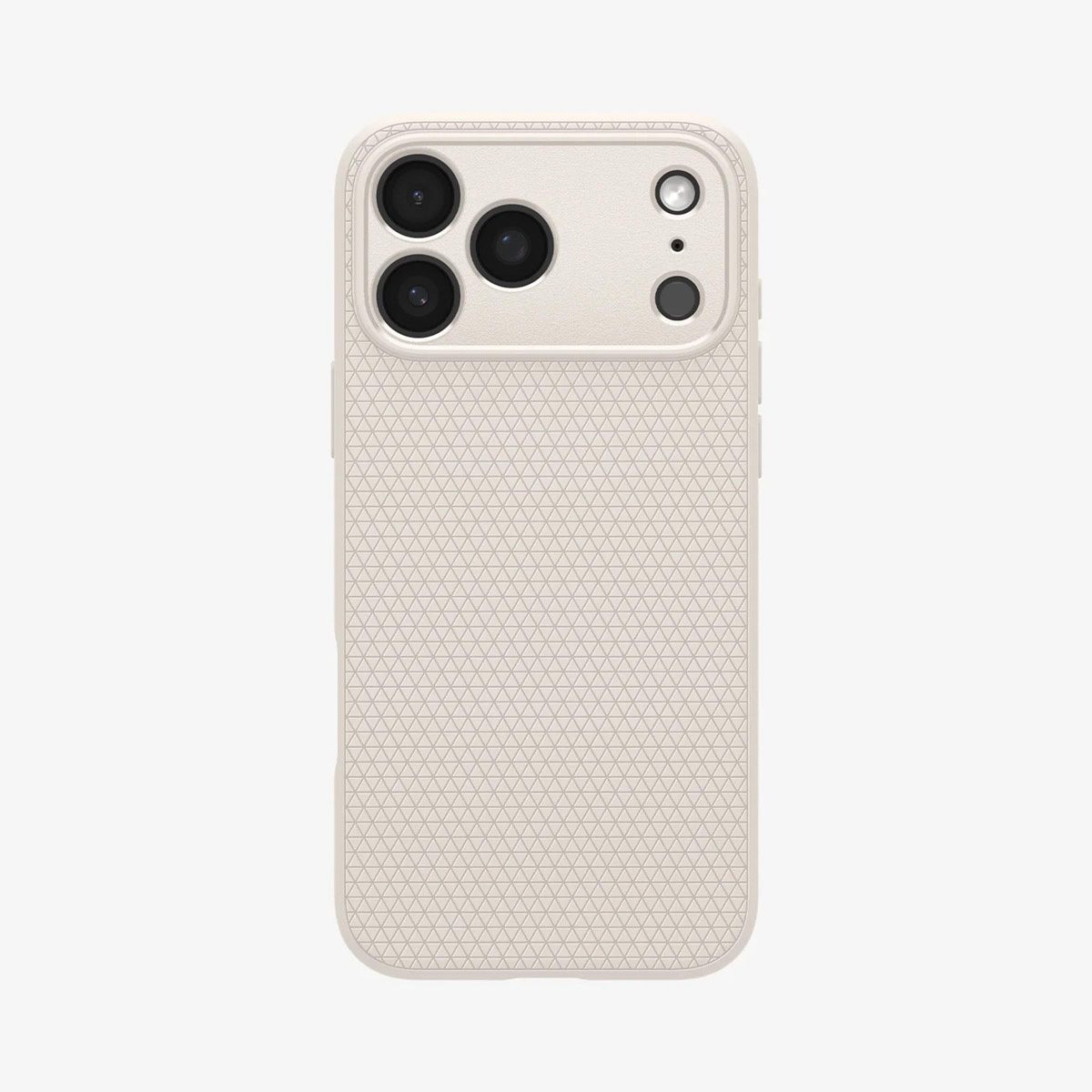 Een beige telefoonhoesje, met een textuur en een cameramodule met meerdere lenzen. De achtergrond is effen wit.