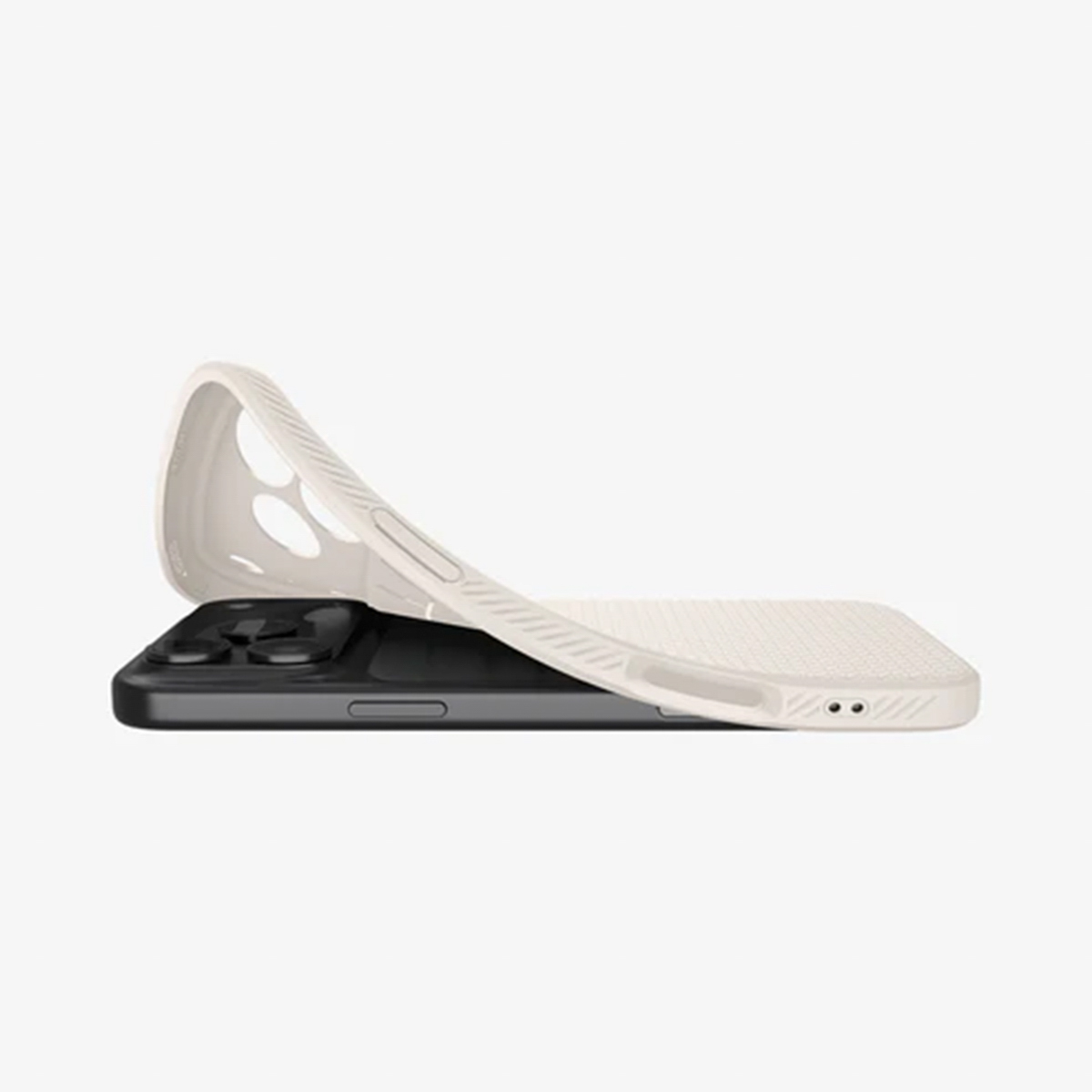 Een zwarte smartphone met een witte telefoonhoes die hem gedeeltelijk bedekt. De hoes is omhoog gebogen en toont de binnenkant.
