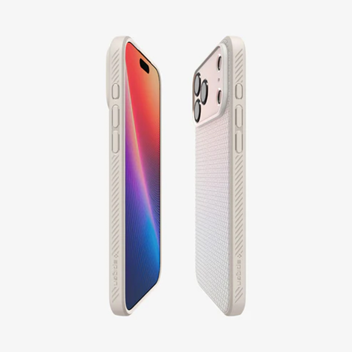 Twee smartphones in witte hoesjes. Eén toont een kleurrijk scherm, de andere heeft een camera-array. Beide op een witte achtergrond.