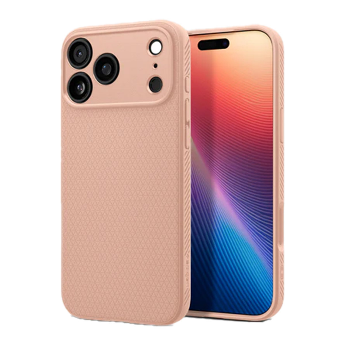 Een perzikroze telefoonhoesje ligt naast een telefoon met een kleurrijk scherm. De hoes heeft een textuur aan de achterkant en een camerabult.