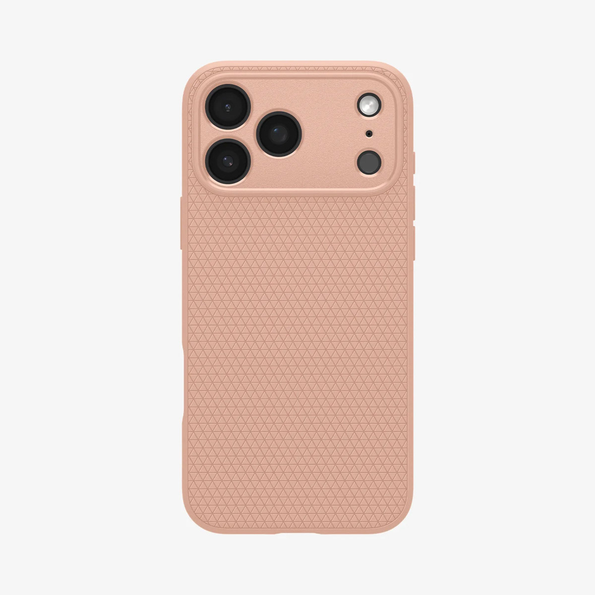 Een perzikroze telefoonhoesje met een textuur. Het heeft camera-uitsparingen voor meerdere lenzen en flitser.