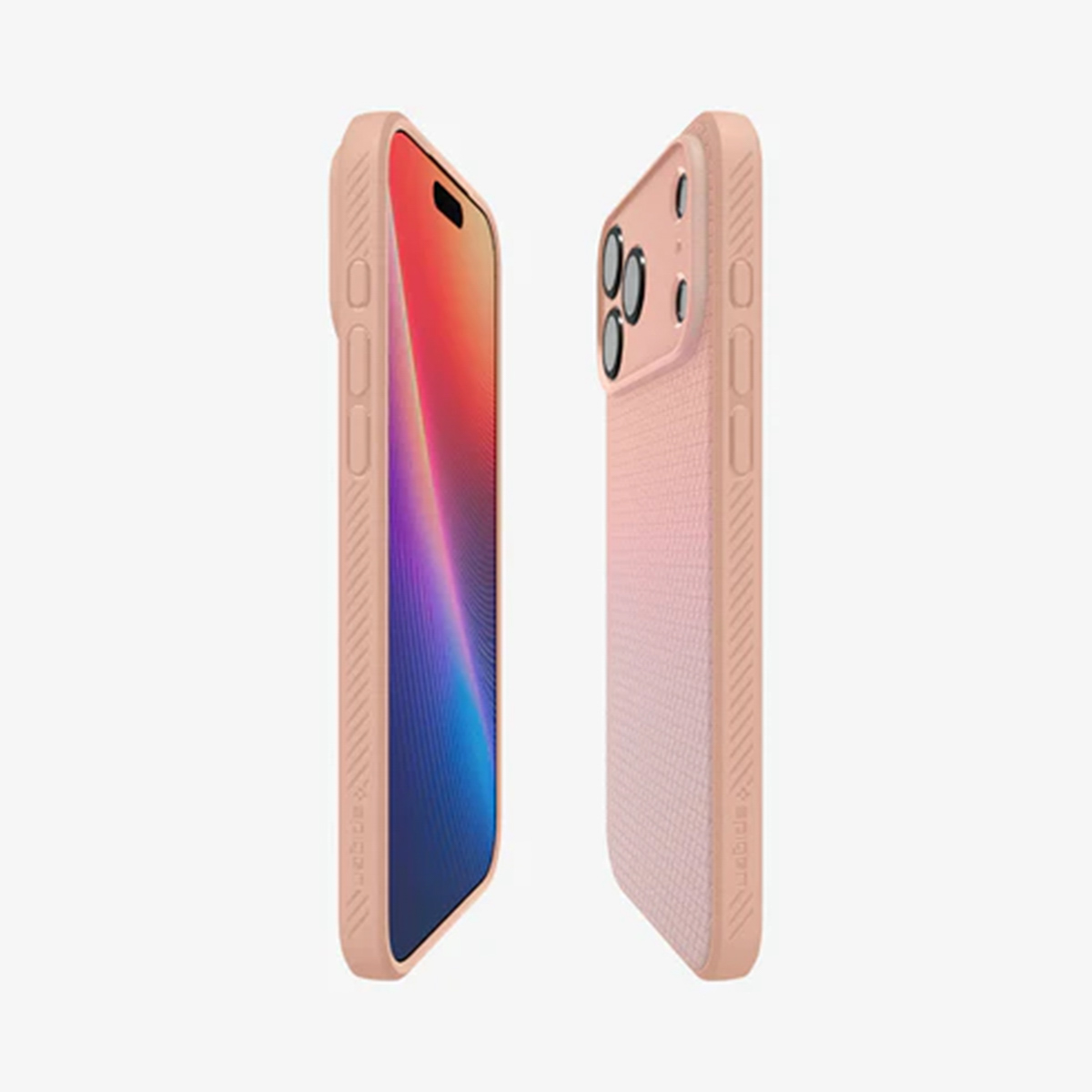 Twee roze telefoonhoesjes, één met een kleurrijk scherm. De hoesjes staan ​​naast elkaar, de design tonend.