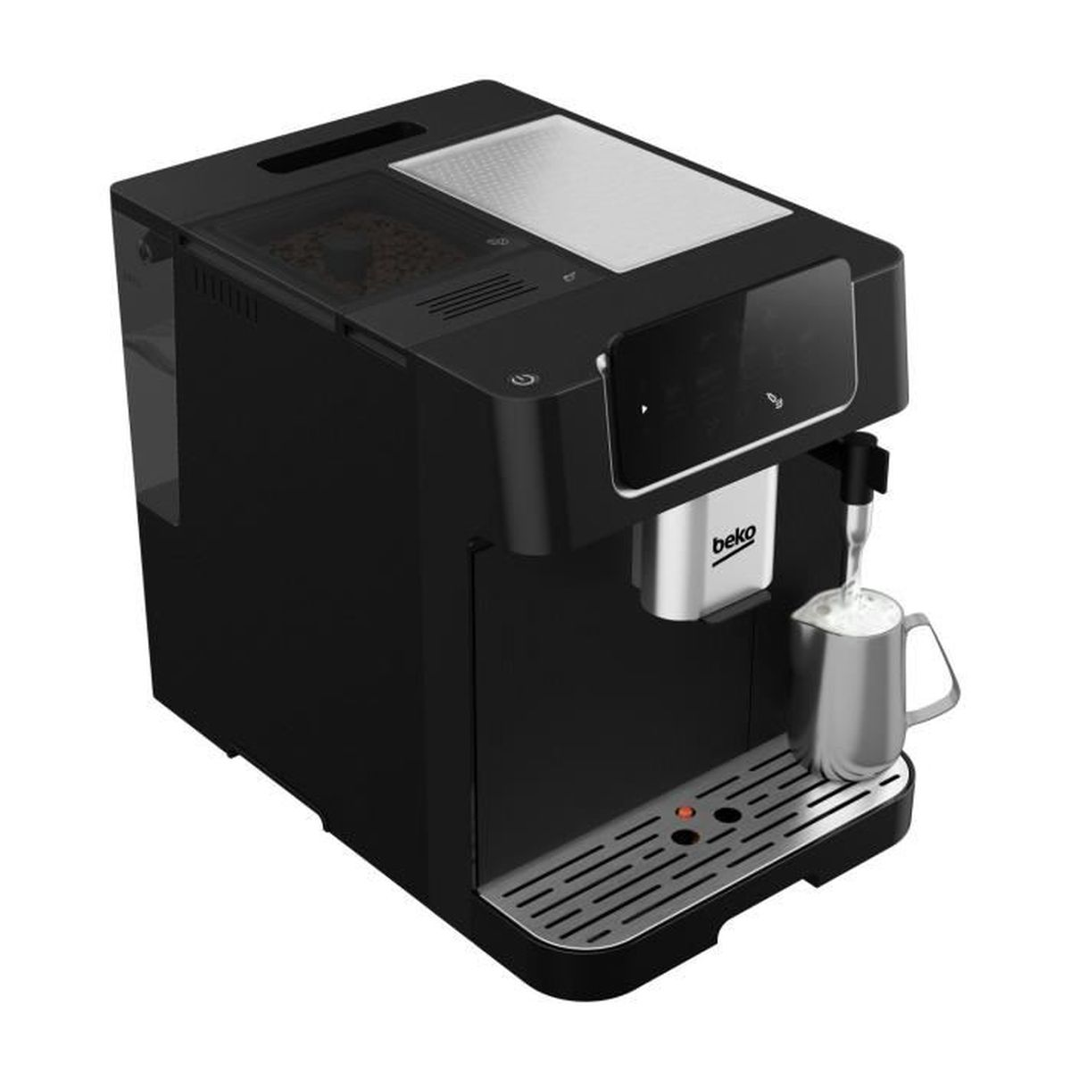 Una cafetera Beko negra con una jarra plateada para espumar leche. Se ven granos de café en un recipiente. La máquina está sobre una bandeja.