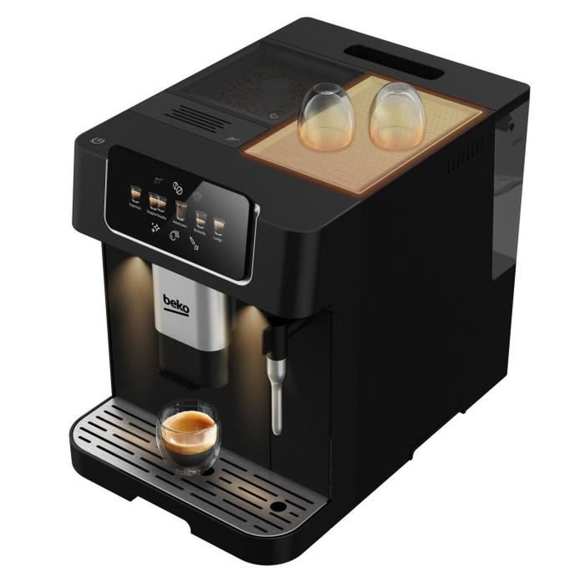 Una cafetera Beko negra. Tiene un vaso de café en la bandeja. Dos vasos de vidrio en la parte superior. Botones al frente.