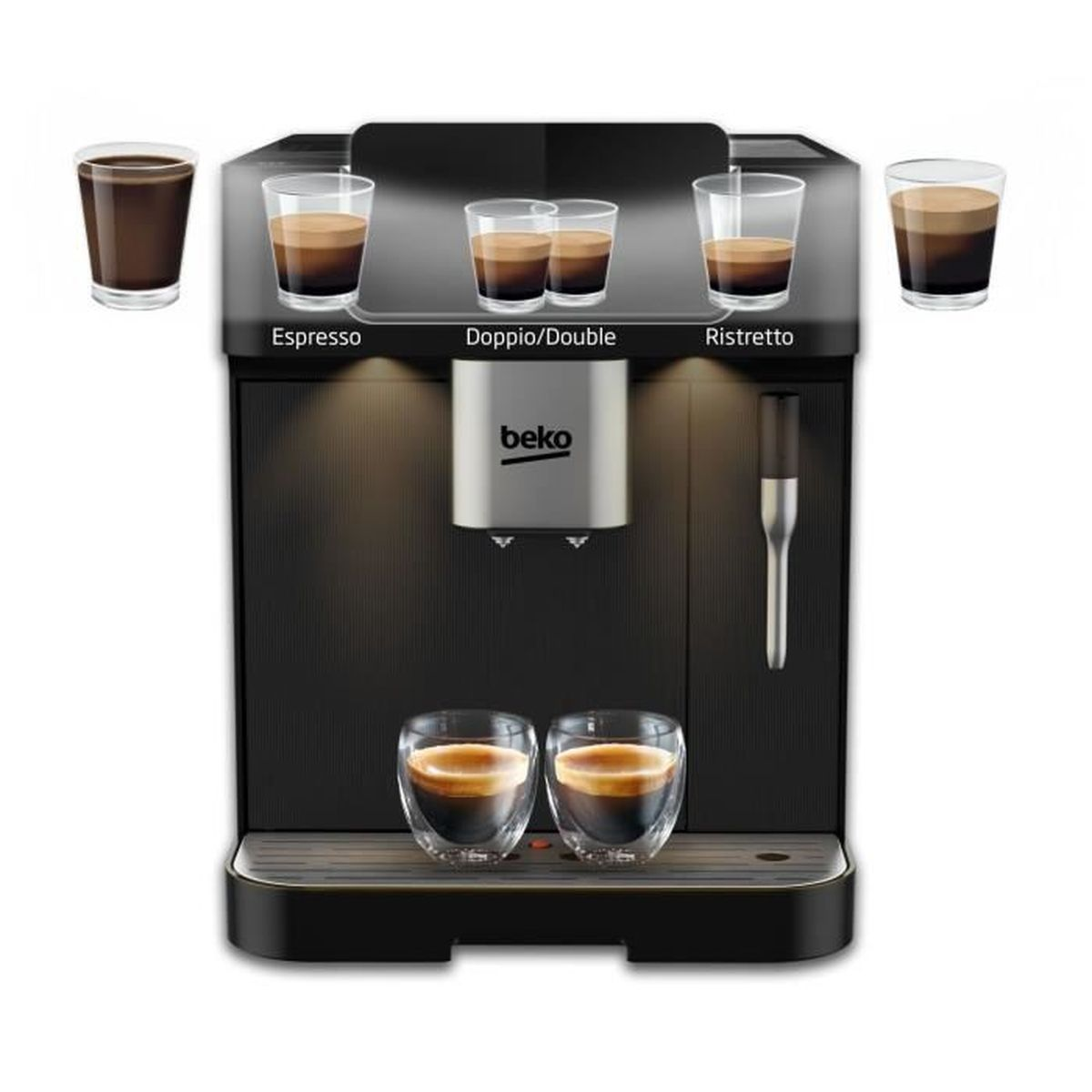 Una máquina de espresso Beko con cuatro vasos de café. Los tipos son Espresso, Doppio/Double, Ristretto. Dos vasos con café están al frente.