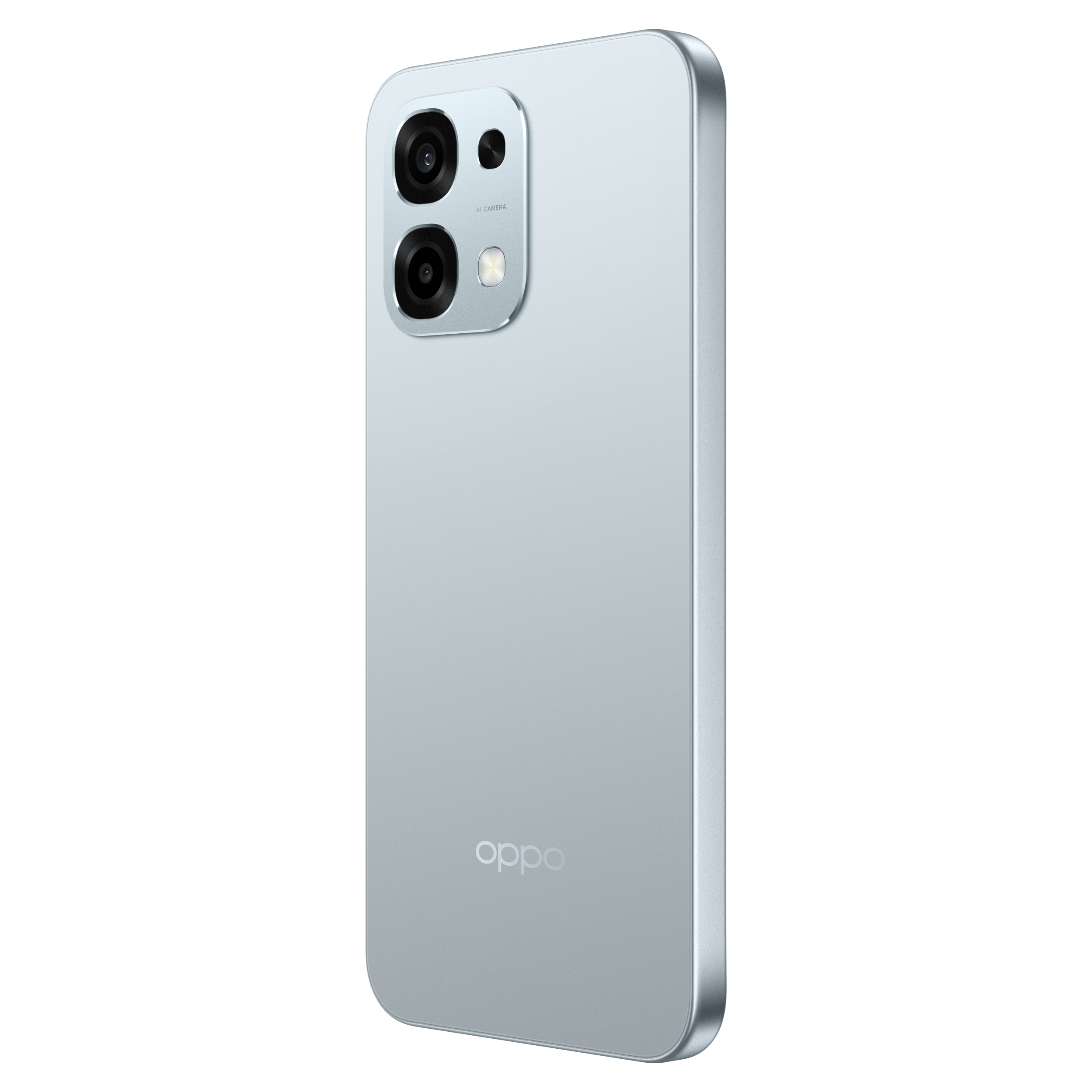 A light blue Oppo phone, with three rear cameras. The phone is on a white background. The brand logo is visible.