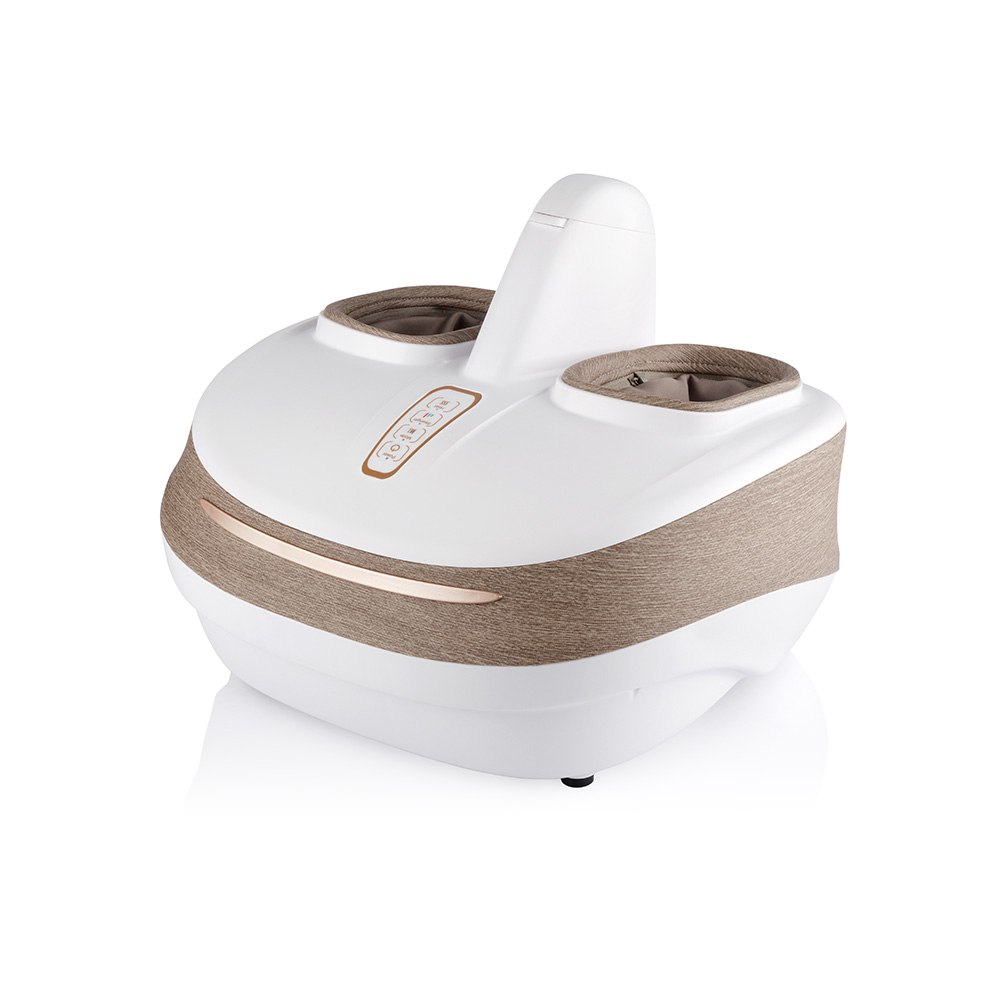 Ein weißes und braunes Fußmassagegerät. Es hat zwei Öffnungen für die Füße und ein Bedienfeld. Das Design ist modern und elegant.