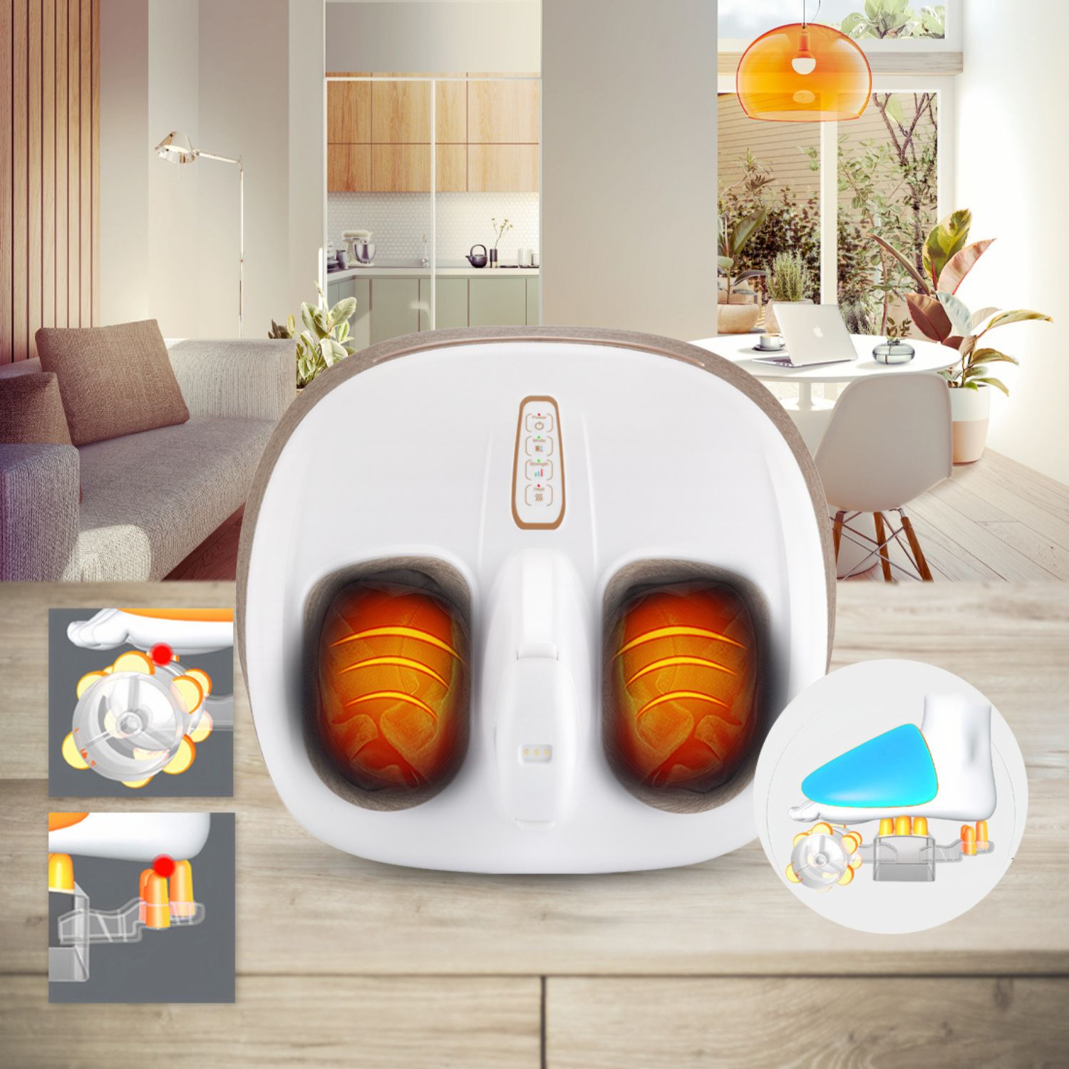 Fußmassagegerät mit Wärmepads. Diagramme zeigen das Innenleben. Hintergrund: Wohnzimmer mit Couch, Tisch und orangefarbener Lampe.