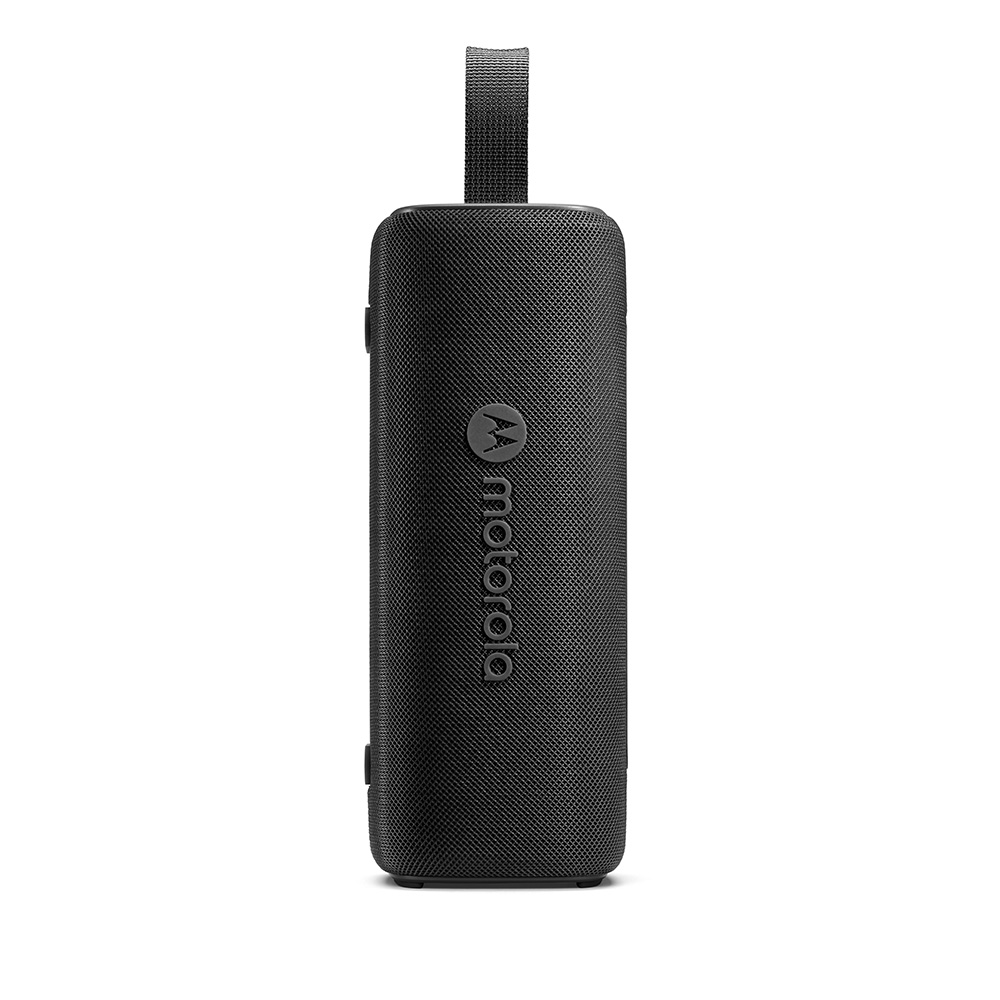 Schwarzer Motorola Bluetooth-Lautsprecher. Er ist zylindrisch mit einem Griff. Das Motorola-Logo befindet sich auf der Vorderseite.