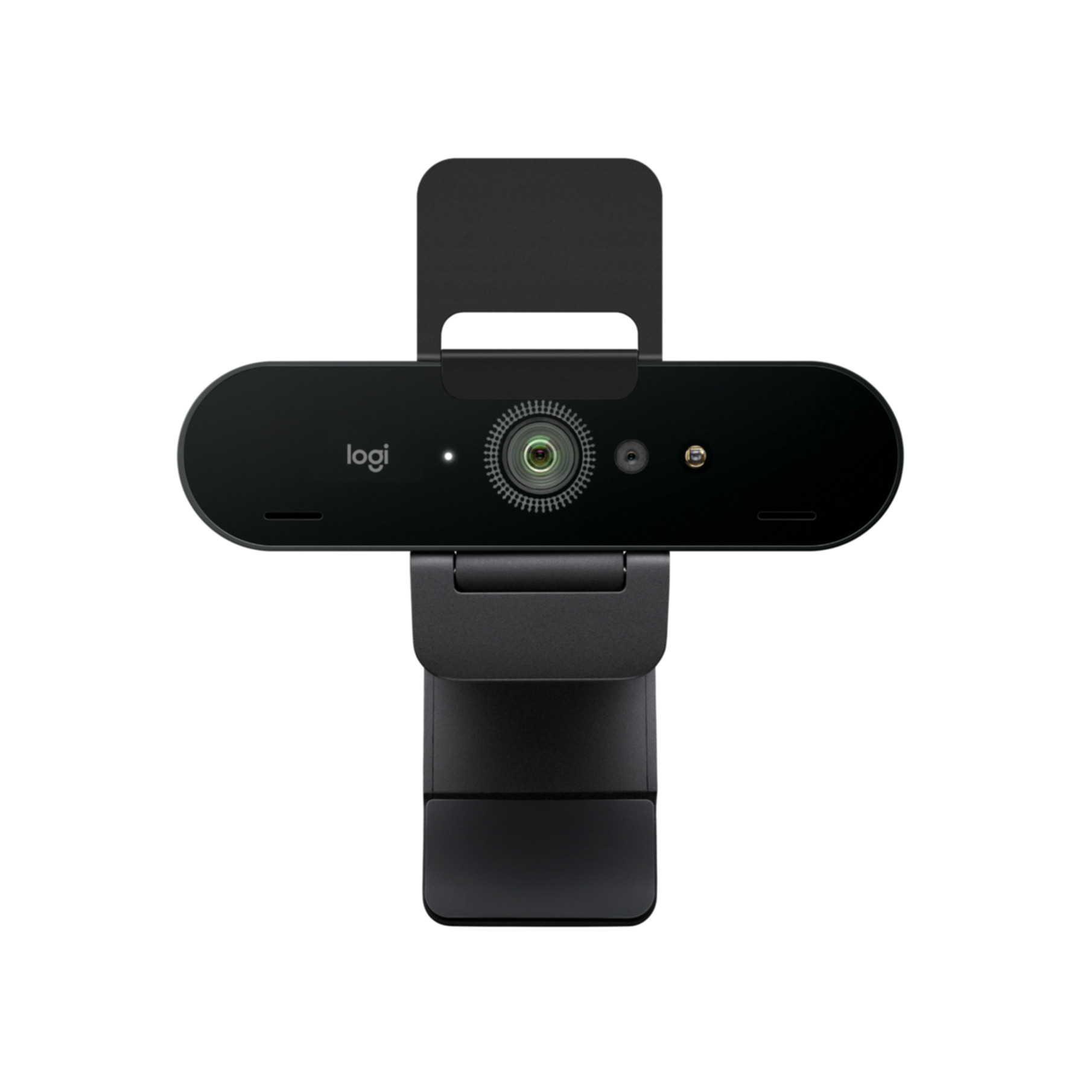 Schwarze Logitech-Webcam auf weißem Hintergrund. Sie hat ein Objektiv, ein Licht und einen Ständer.
